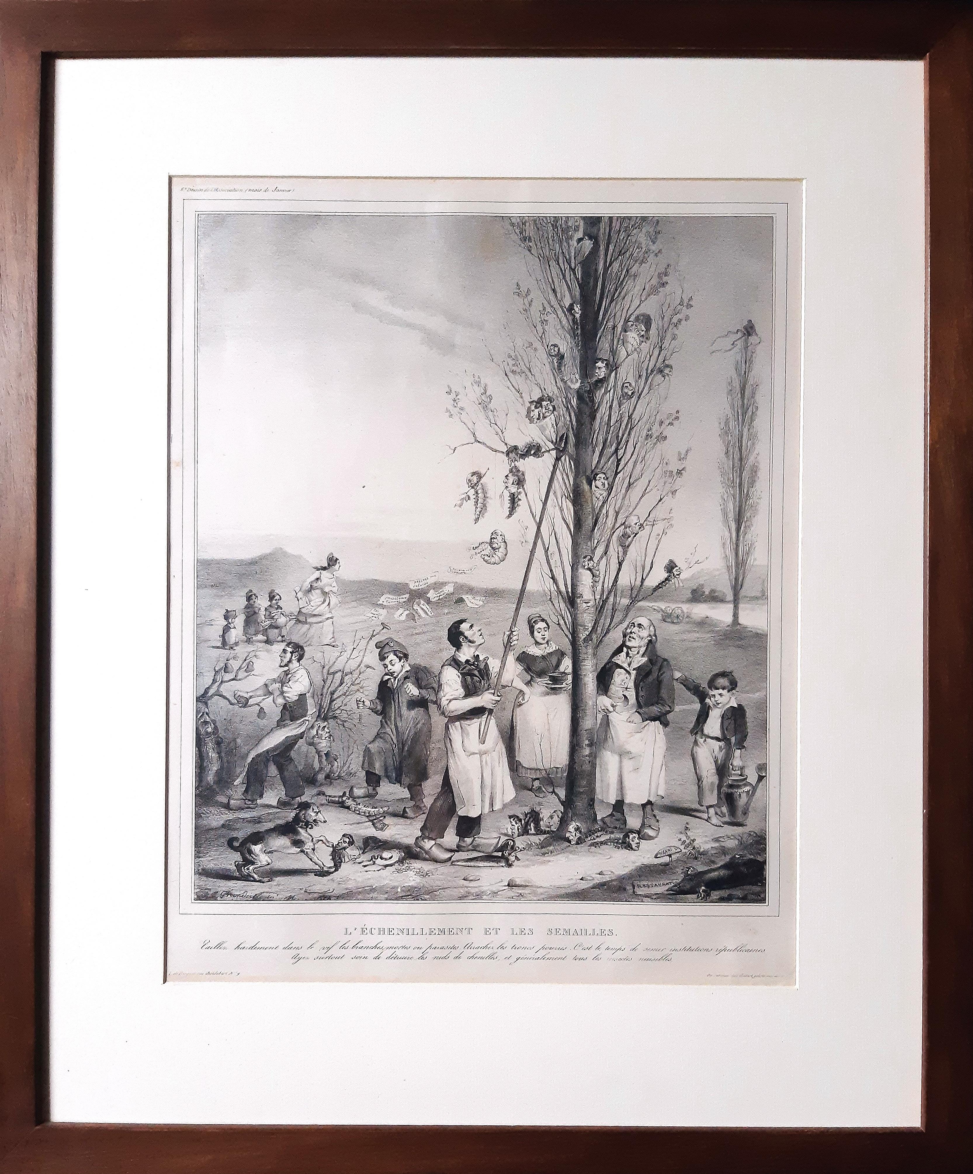 L’échénillement et les Sémaille  - Lithograph by J.J. Grandville - 1833 - Print by J. J. Grandville