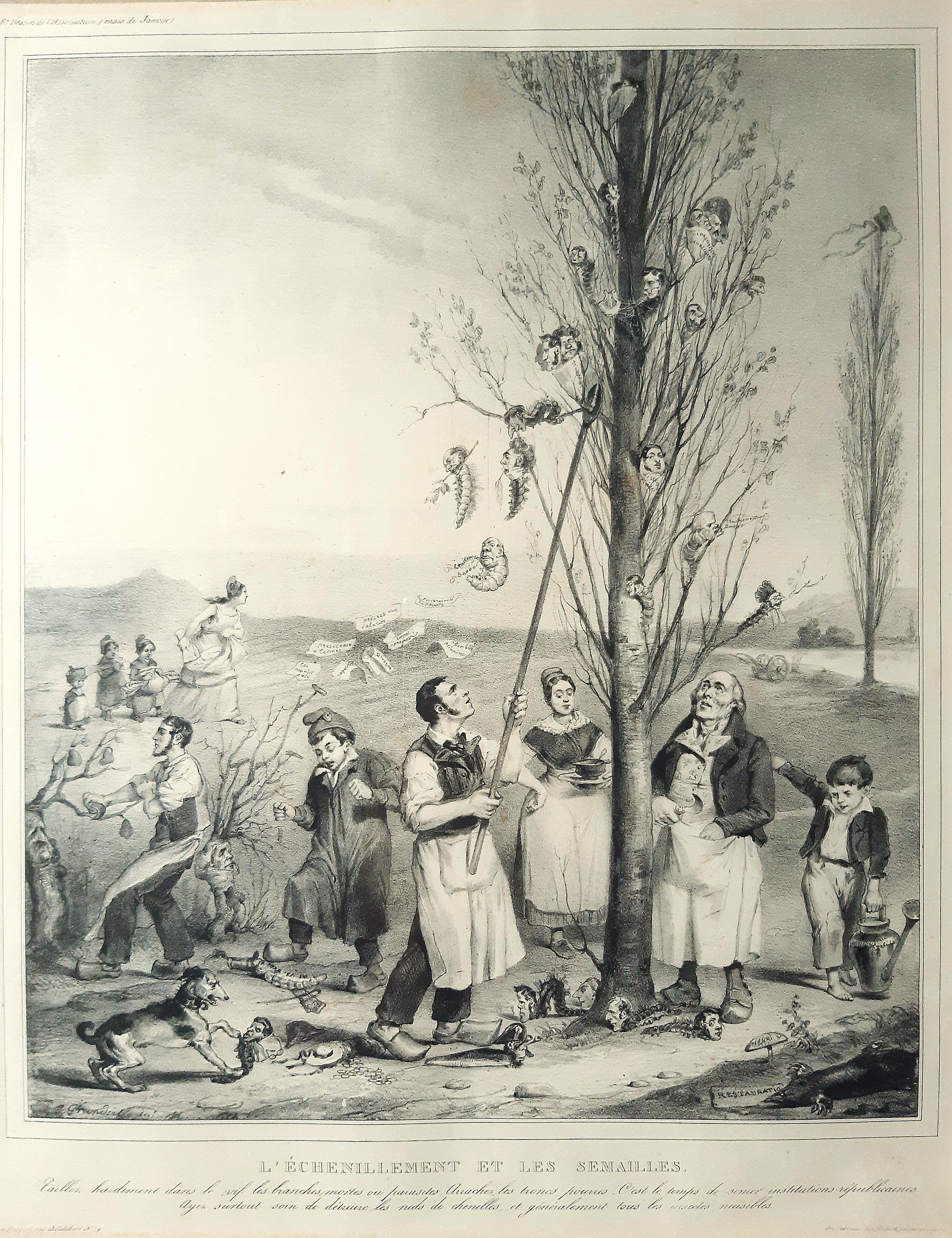 J. J. Grandville Figurative Print - L’échénillement et les Sémaille  - Lithograph by J.J. Grandville - 1833