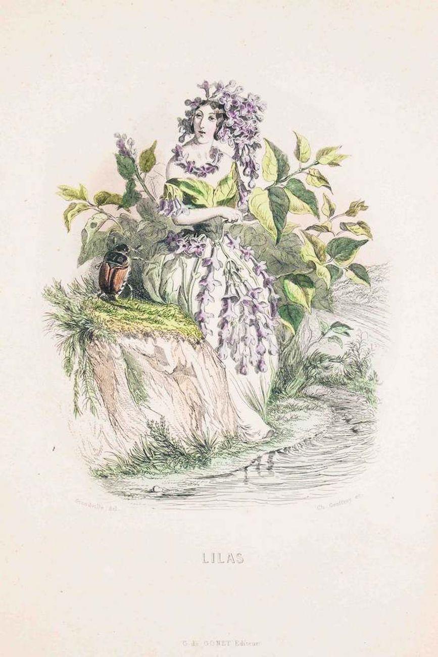 J. J. Grandville Figurative Print - Lilas - Les Fleurs Animées Vol.II - Lithograph by J.J. Grandville - 1847
