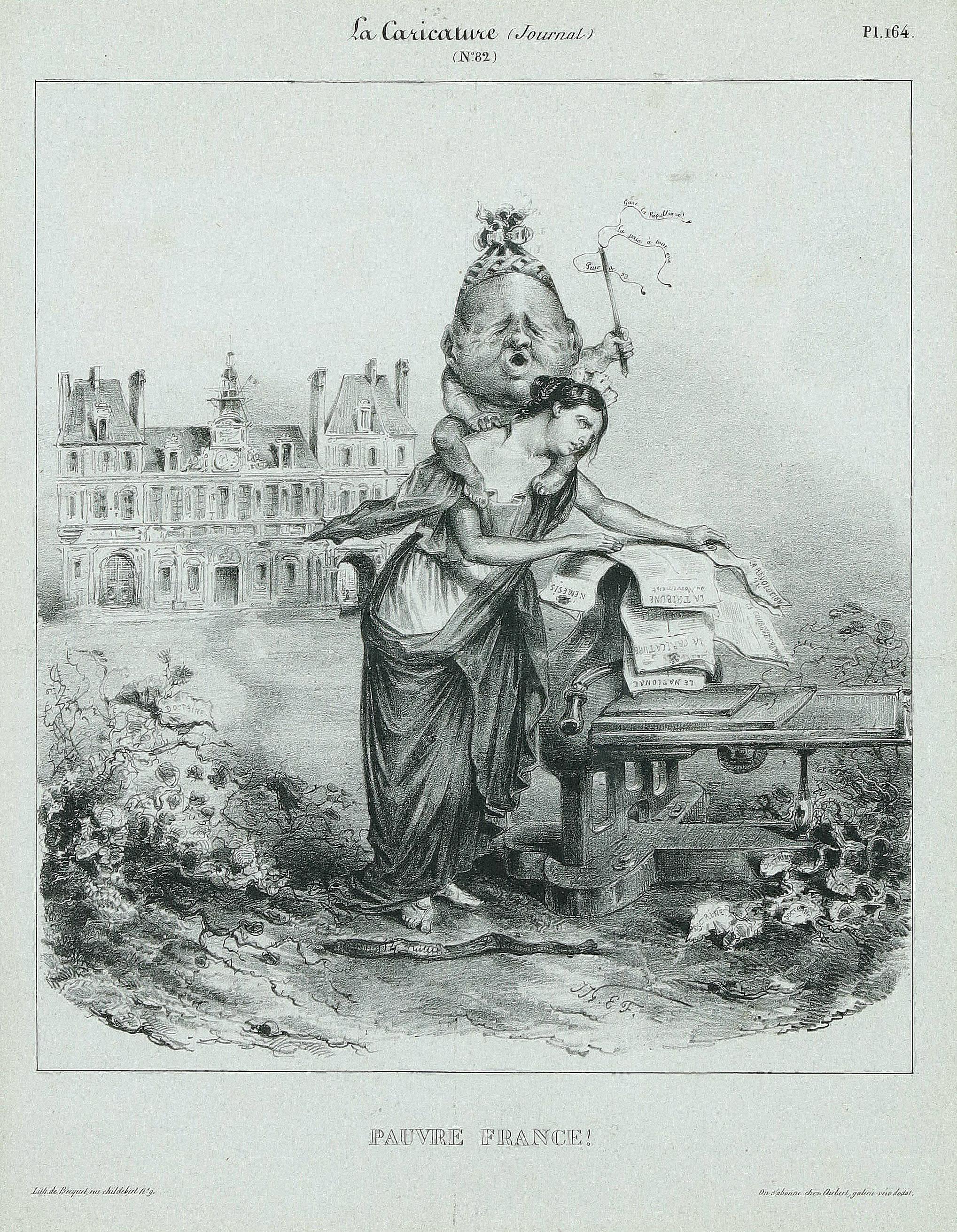 J. J. Grandville Figurative Print - Pauvre France - Original Lithograph by J.J. Grandville - 1831