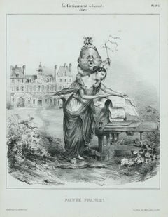 Antique Pauvre France - Original Lithograph by J.J. Grandville - 1831