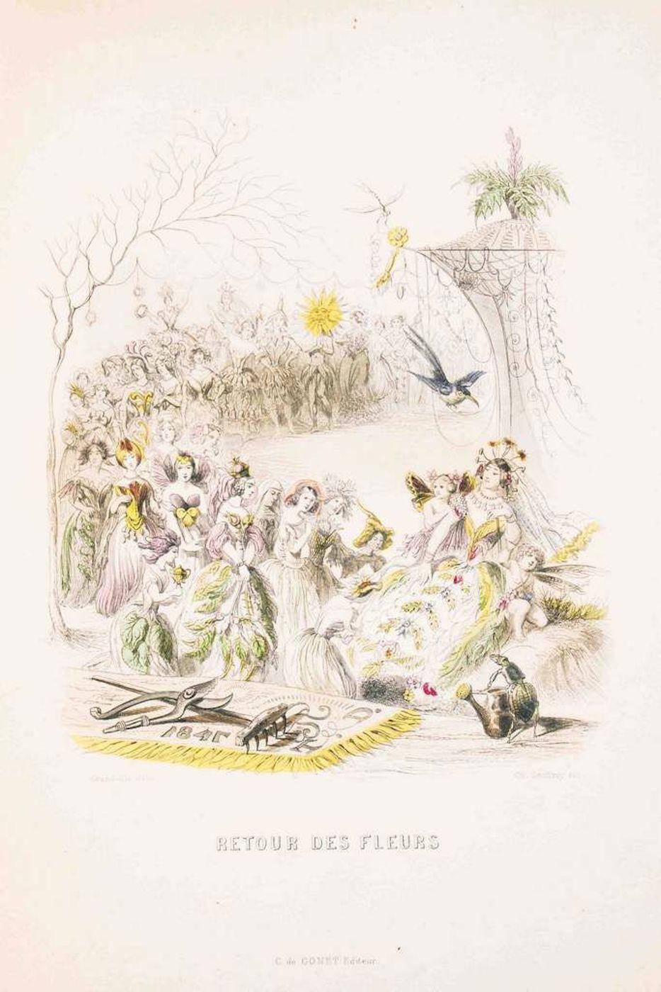 J. J. Grandville Figurative Print - Retour des Fleurs - Les Fleurs Animées Vol. II - Litho by J.J. Grandville - 1847