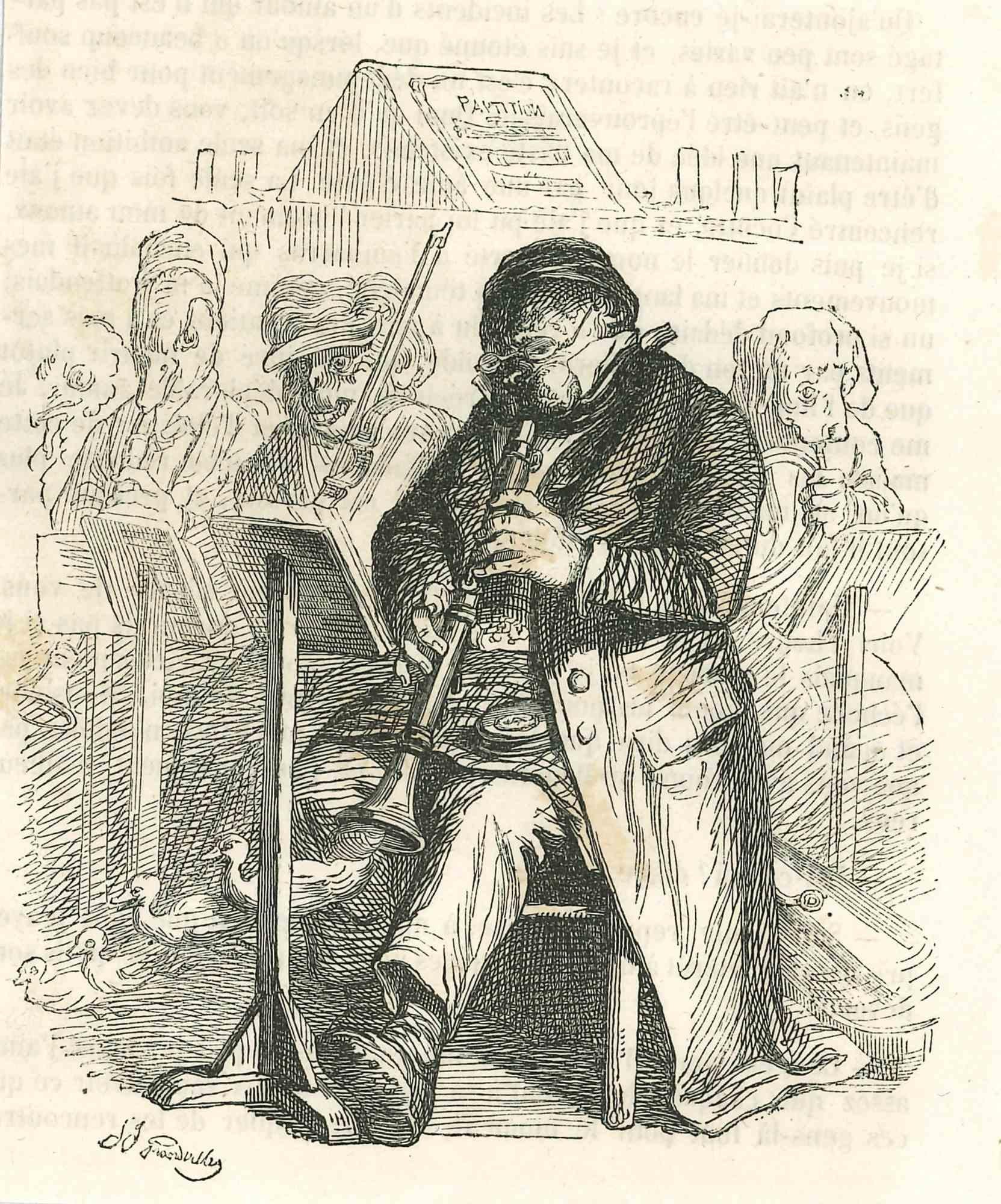 The Musicians è una litografia originale su carta color avorio realizzata da J.J. Grandville da Scènes de la vie privée et publique des animaux, 1852. Pubblicato da Manesq & Harvard, Parigi. 

Firmato sul piatto.

Buone condizioni.

Con nota in