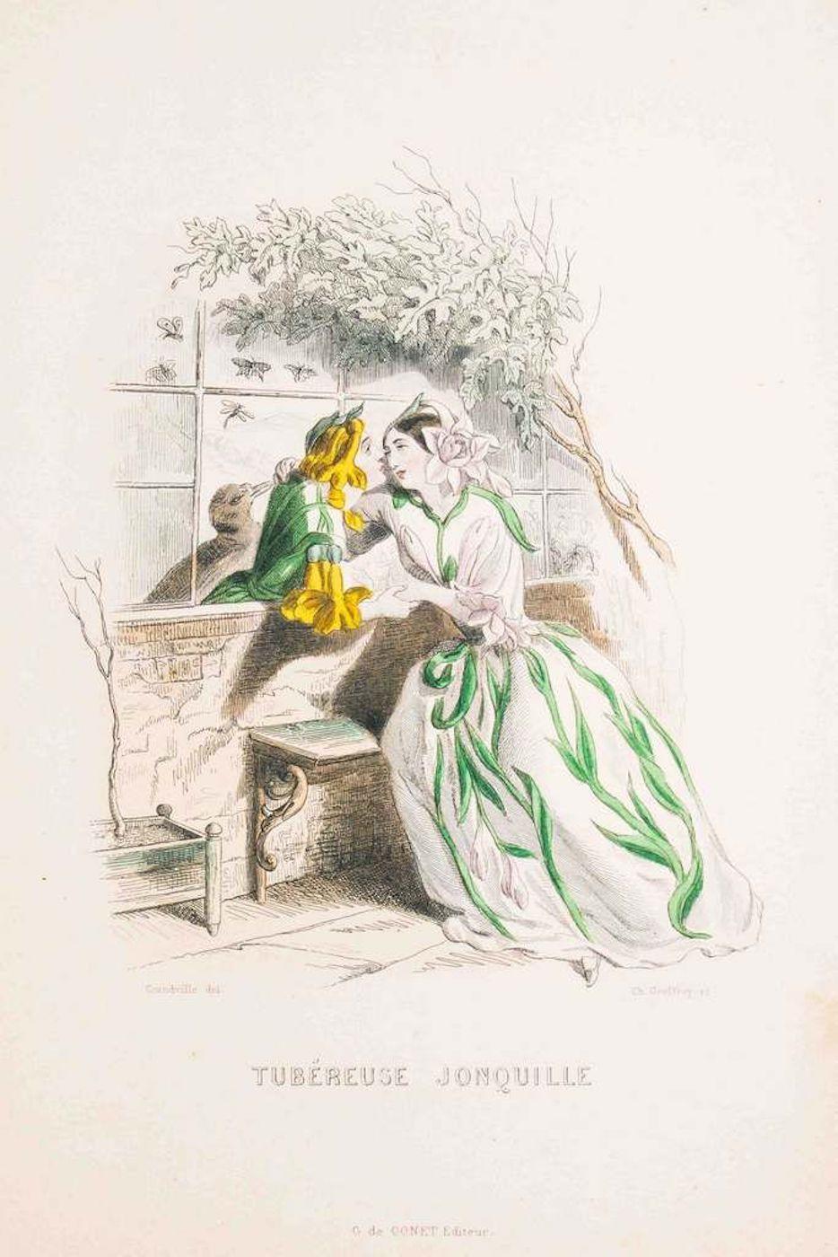J. J. Grandville Figurative Print - Tubéreuse Jonquille - Les Fleurs Animées Vol.I - Litho by J.J. Grandville - 1847