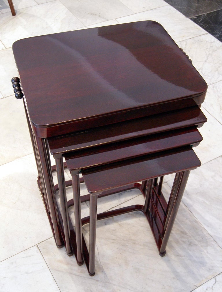 J & J Kohn set of four side tables designed by Josef Hoffmann circa 1900

Beech wood / high quality handwork / dark mahogany stained / hand polished
Four nesting side tables in different sizes from excellent form type.

Manufactory: Jacob & Josef