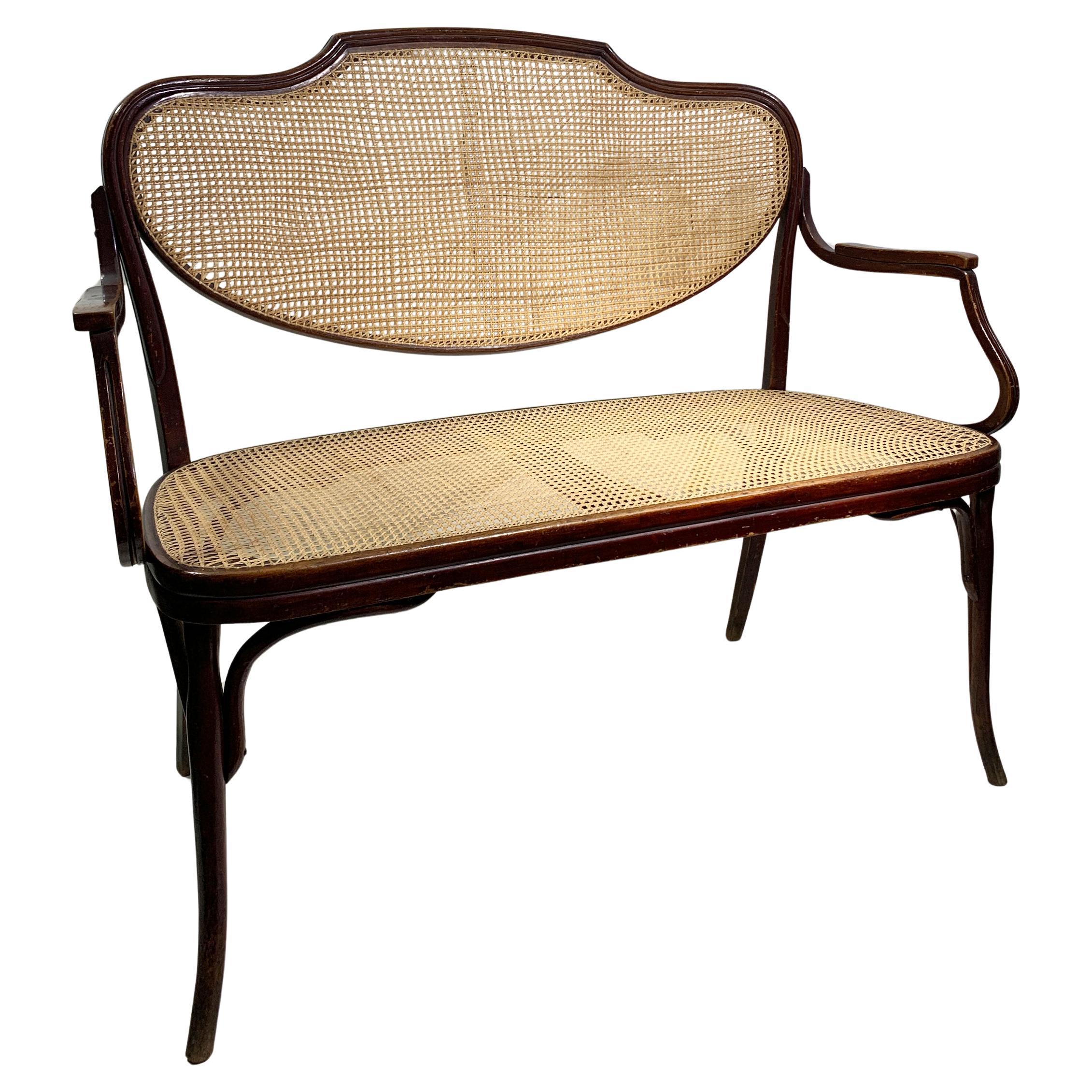 J. & J. Kohn Bentwood and Cane Bench, with Label, Austria, Circa 1900