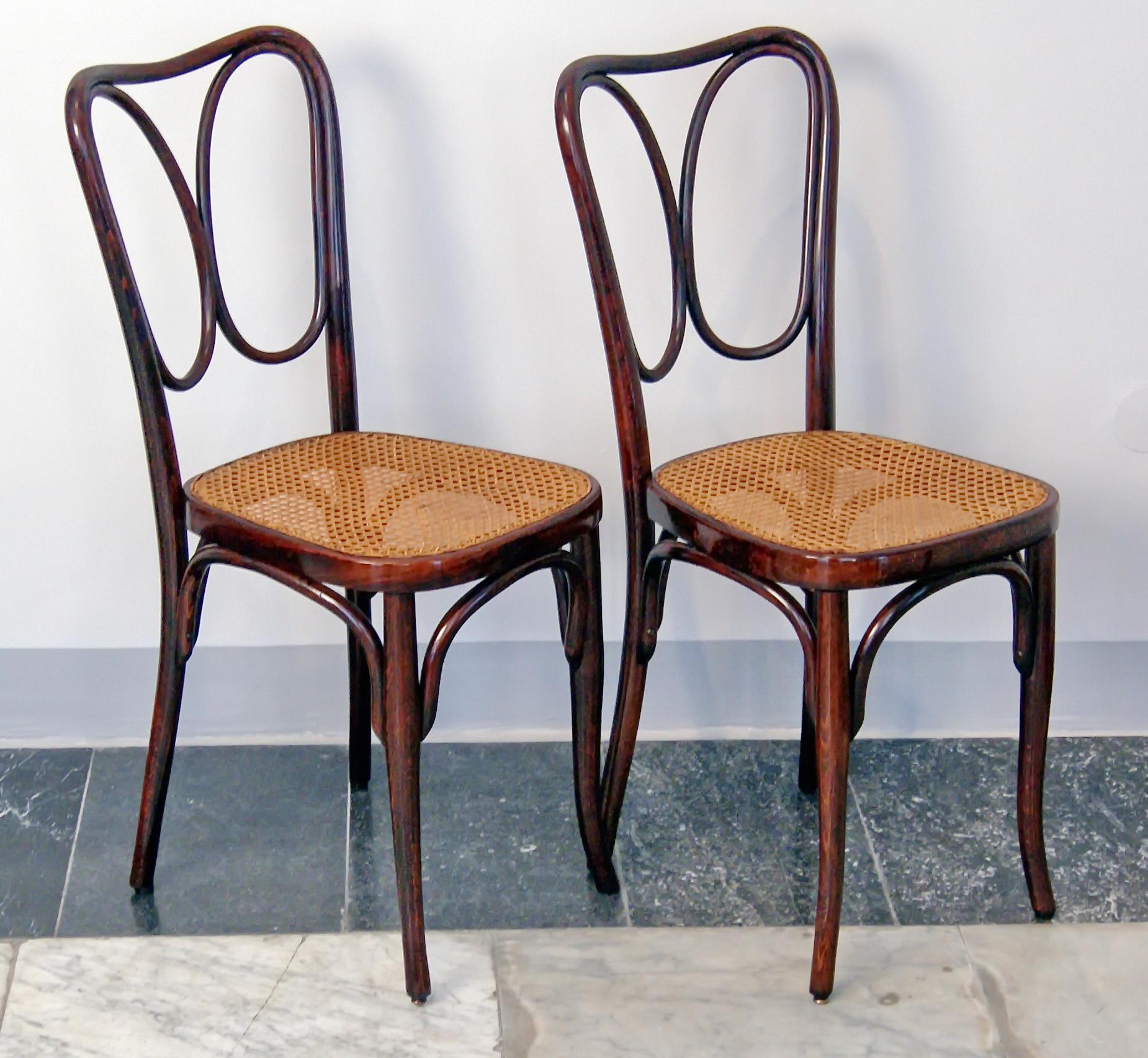 Jacob & Josef Kohn bentwood pair of chairs (model 243)
Made in Vienna / Austria, Art Nouveau period.
Beechwood 
Dark mahogany stained 
Seat is covered with wickerwork (original)
Made circa 1905

Beechwood, dark mahogany stained, refurbished