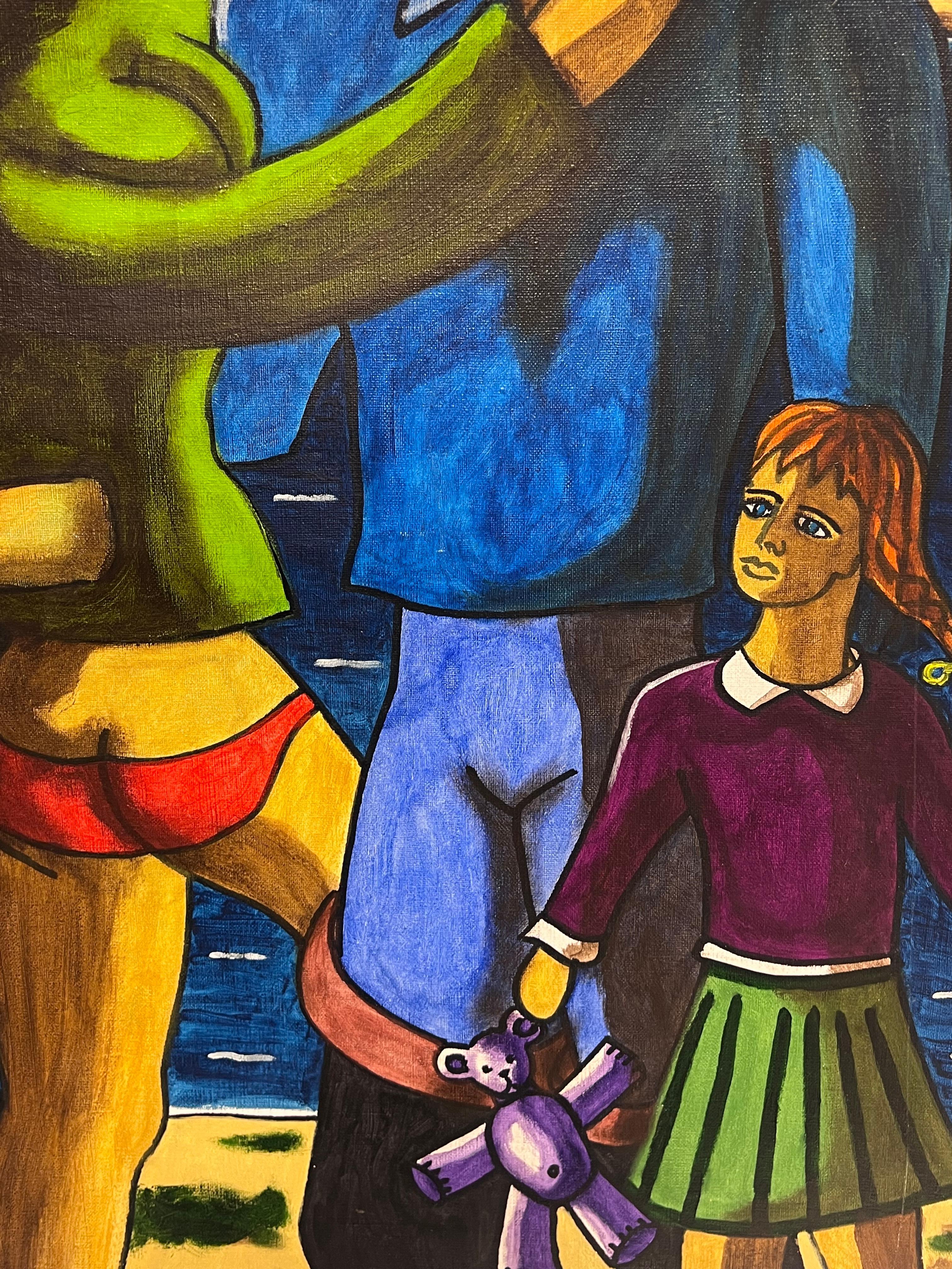 Enorme dipinto ad olio firmato dal modernista francese Figure fuori città di notte - Painting di J. J. Polverelli