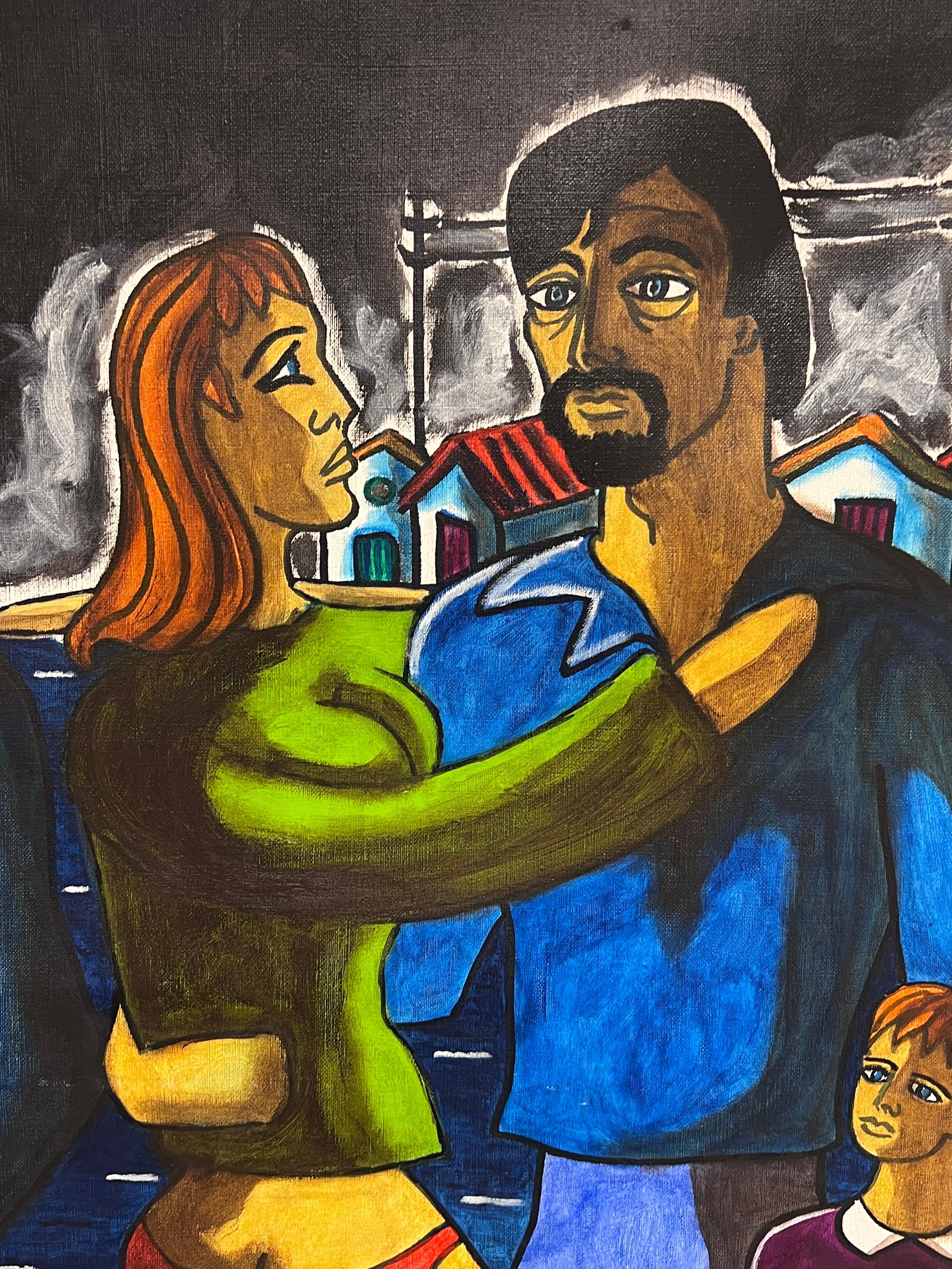 Enorme dipinto ad olio firmato dal modernista francese Figure fuori città di notte - Painting Moderno di J. J. Polverelli