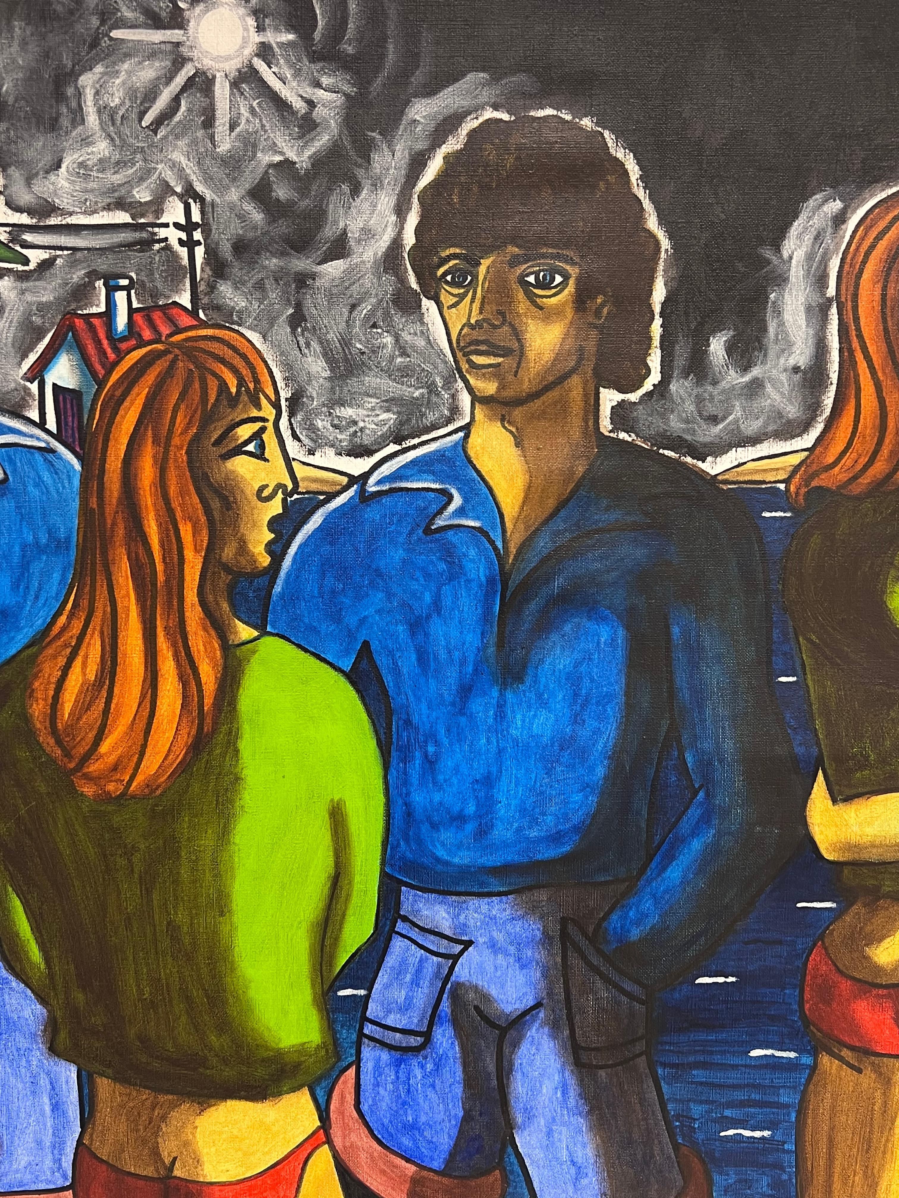 Enorme dipinto ad olio firmato dal modernista francese Figure fuori città di notte - Figurative Painting Nero di J. J. Polverelli