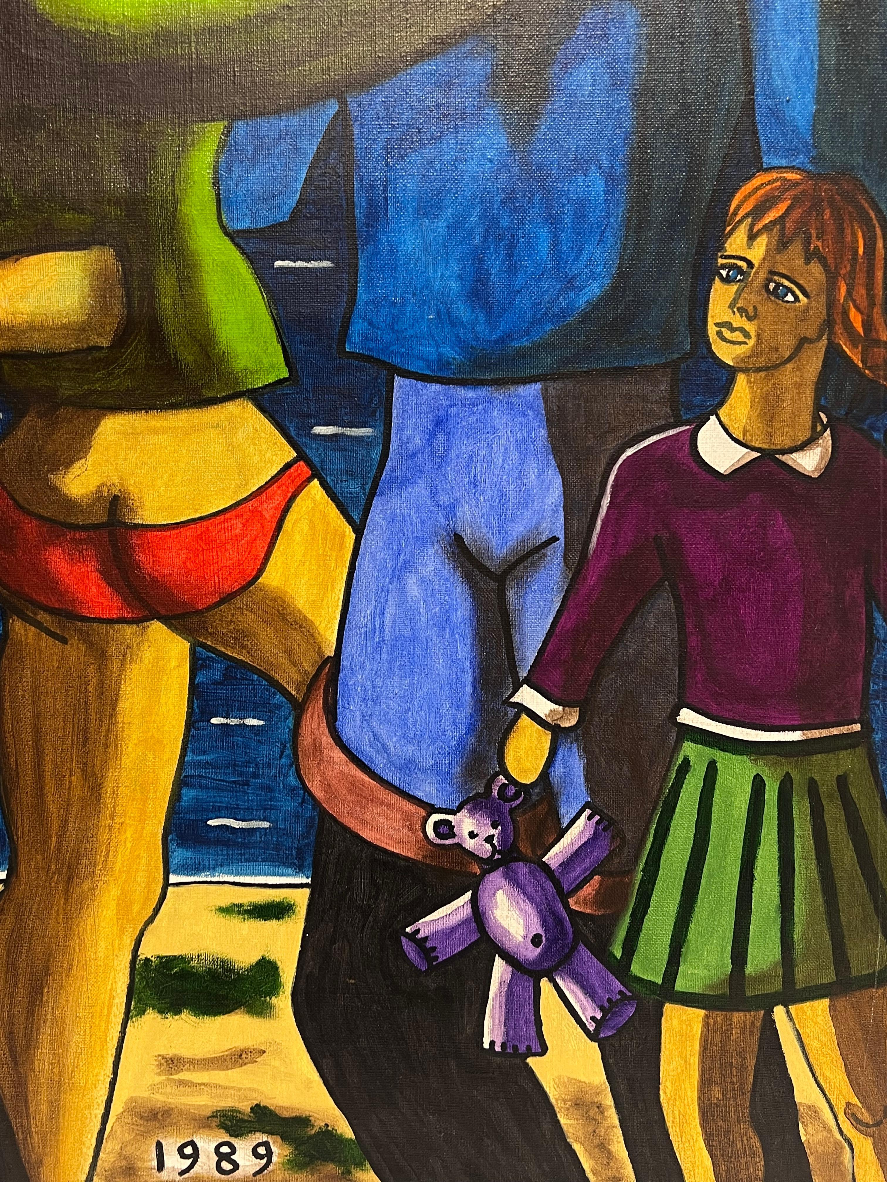 Enorme dipinto ad olio firmato dal modernista francese Figure fuori città di notte in vendita 2