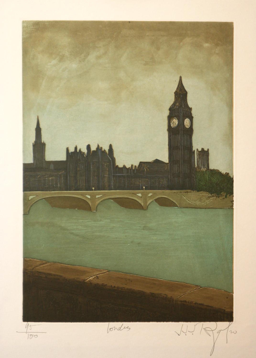 London, England original signed original aquatint etching by J.J. Regal