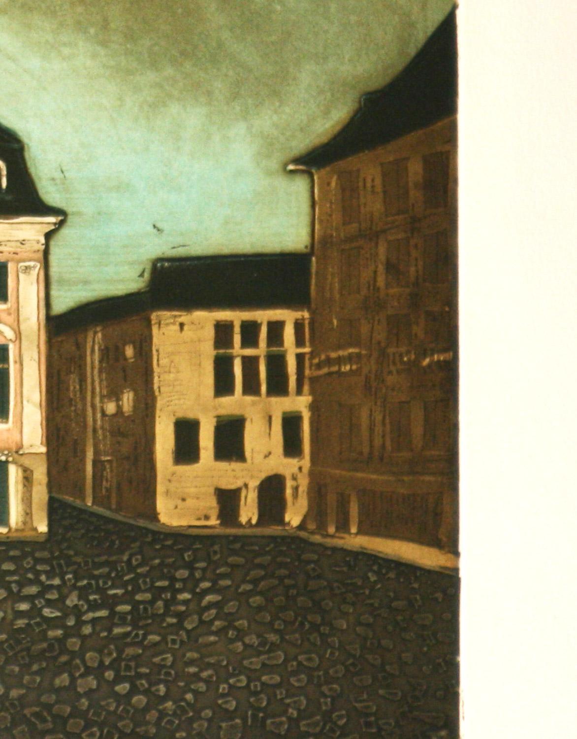   Bonn, Germany is an original signed, limited edition aquatint etching by French artist J.J. Regal. Printed on BFK Rives paper this is a very bold design with an original depiction of a major European city. Numbered 90/100 and signed in pencil by