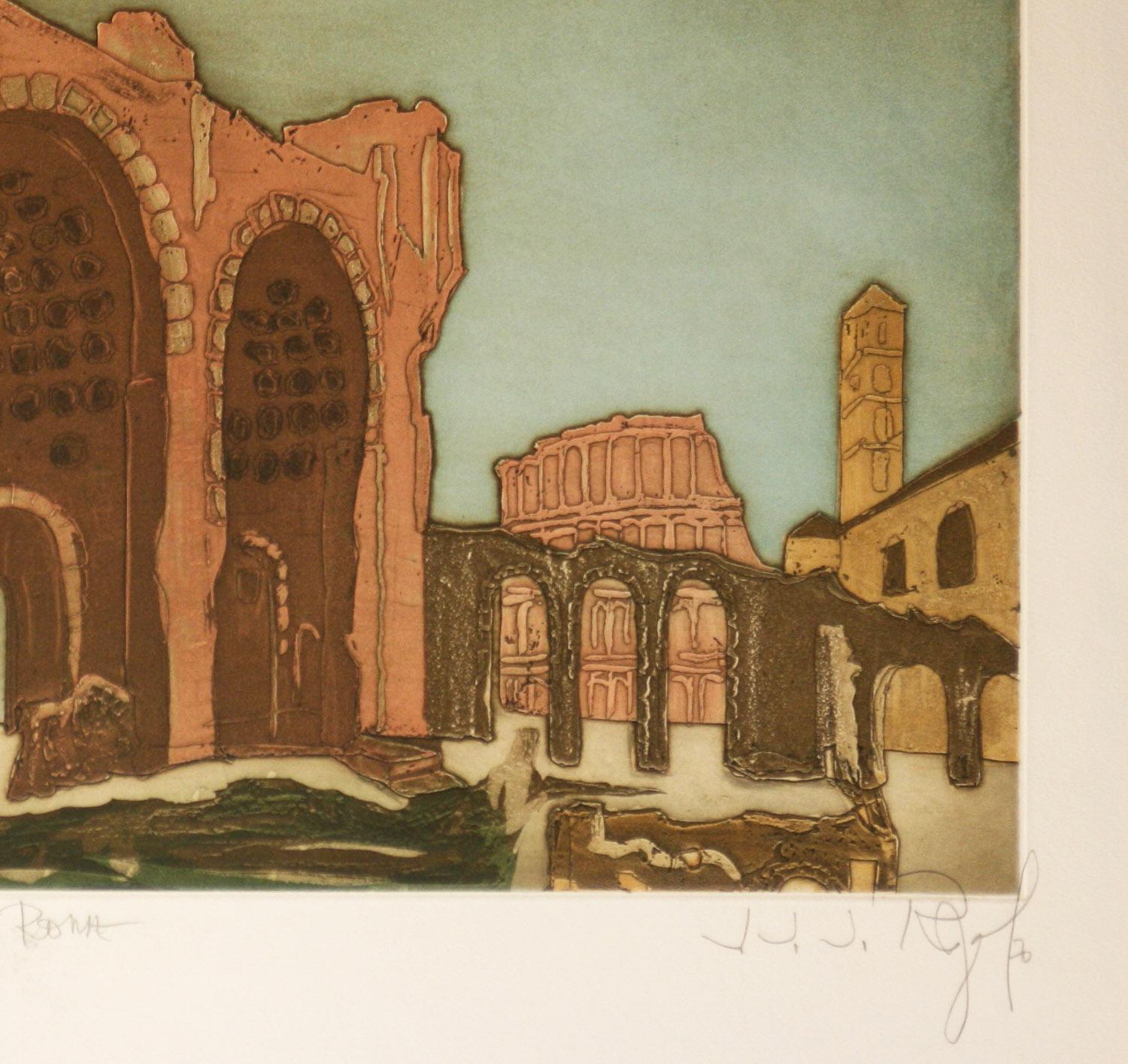 Rome, Italy original signed limited edition aquatint etching by J.J. Regal - Expressionist Print by J. J. Regal