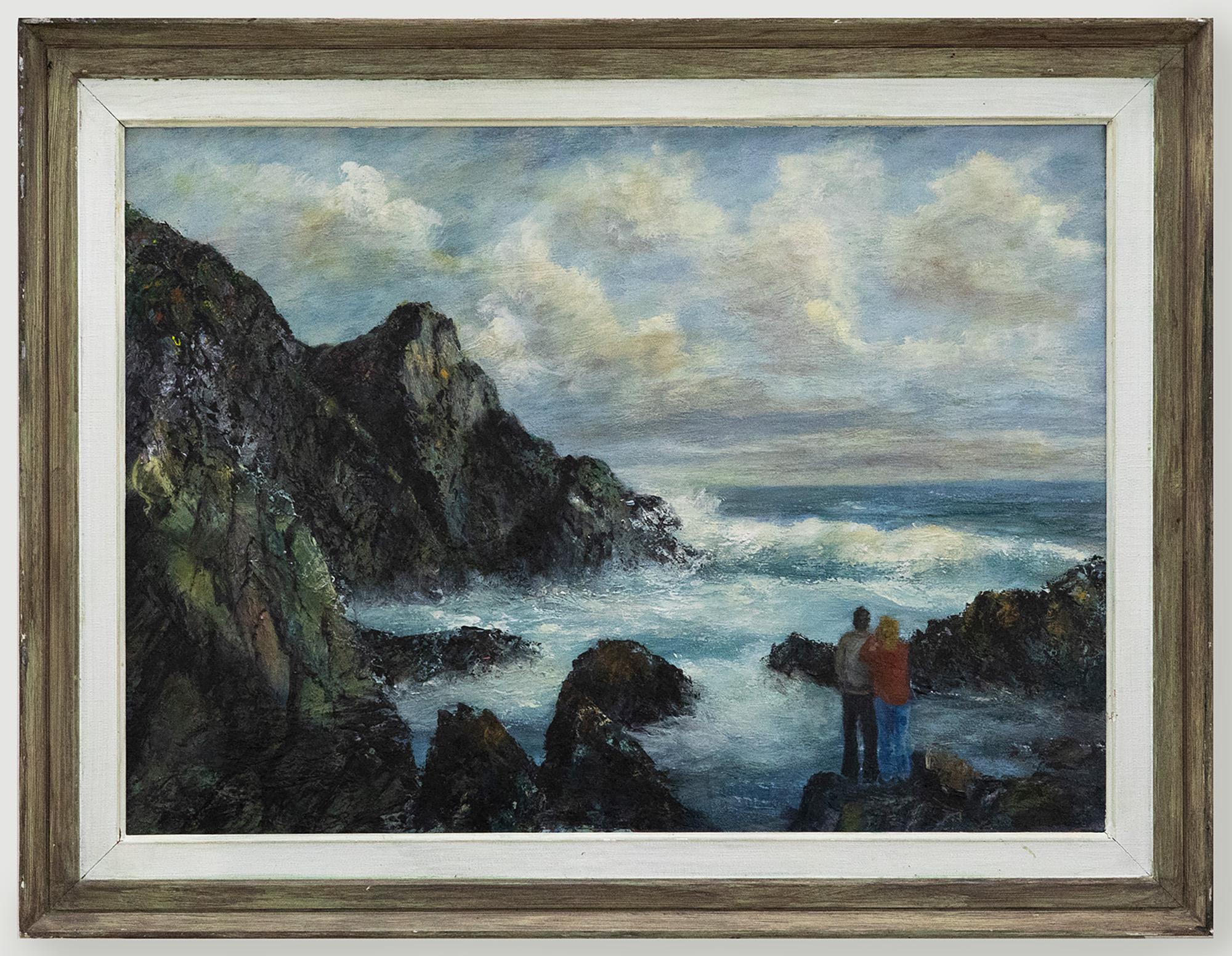 A naive oil seascape showing a couple romantically watching the crashing waves on the rocks in North Cornwall. The painting has been presented in a contemporary wood frame with a white inner window. Signed and dated to the reverse. On canvas on