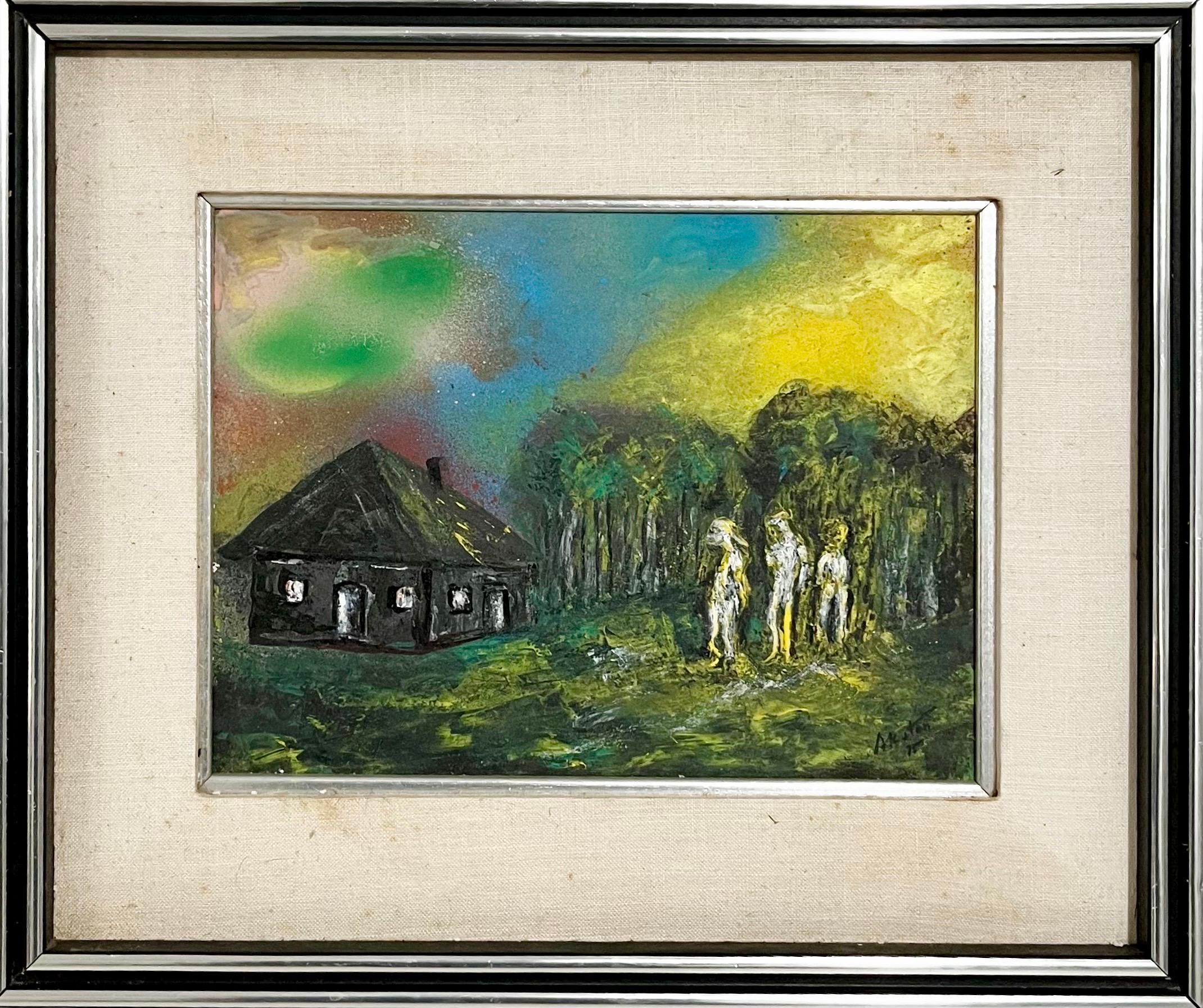 Pittura acrilica fluorescente Day Glo degli anni '70 Mod Surrealista J. James Akston