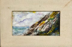 Peinture moderniste représentant une montagne et un paysage océanique J. James Akston