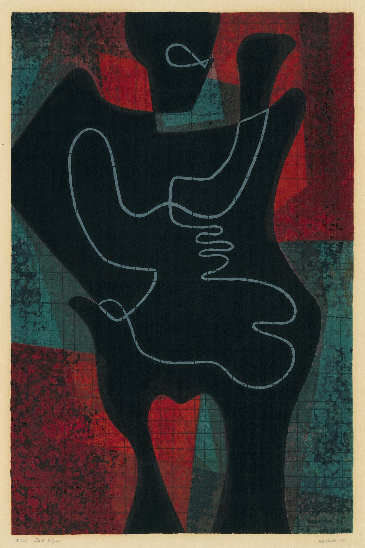 J. Jay McVicker Figurative Print - 'Dark Figure' — Mid-Century American Modernist Signed Serigraph
