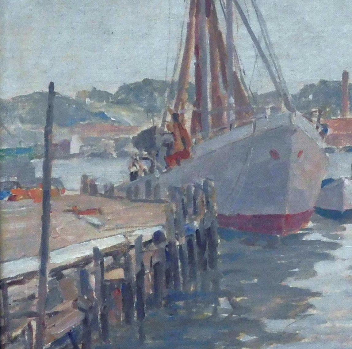 Mid-20th Century J. Jeffrey Grant Oil on Board, Circa 1930's - Ships at Dock  For Sale
