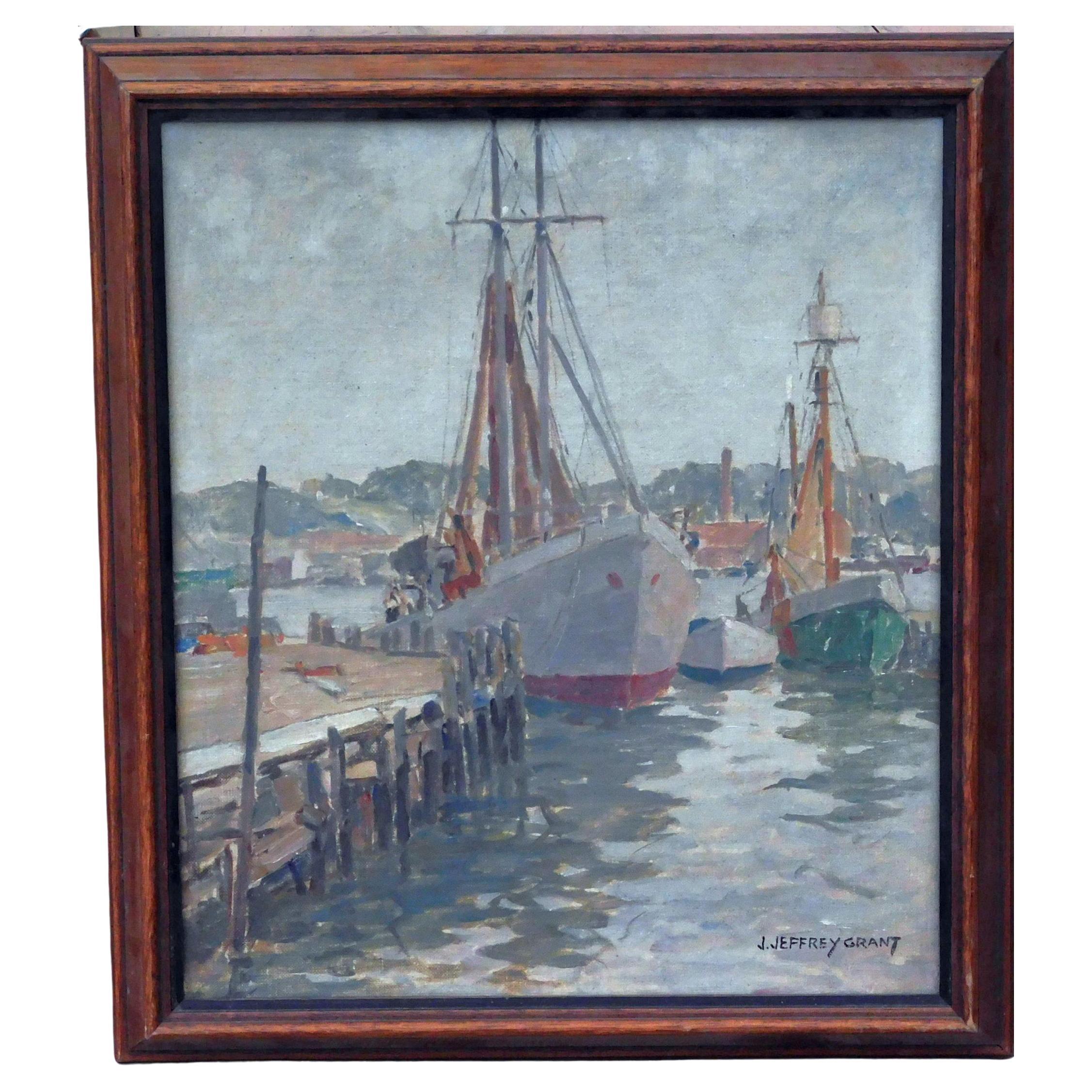 J. Jeffrey Grant Oil on Board, Circa 1930's - Ships at Dock  For Sale