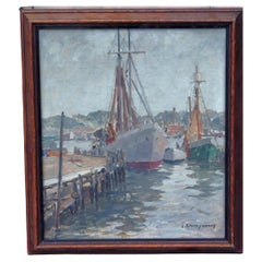 Huile sur panneau J. Jeffrey Grant, datant des années 1930 environ, « Ships at Dock » 