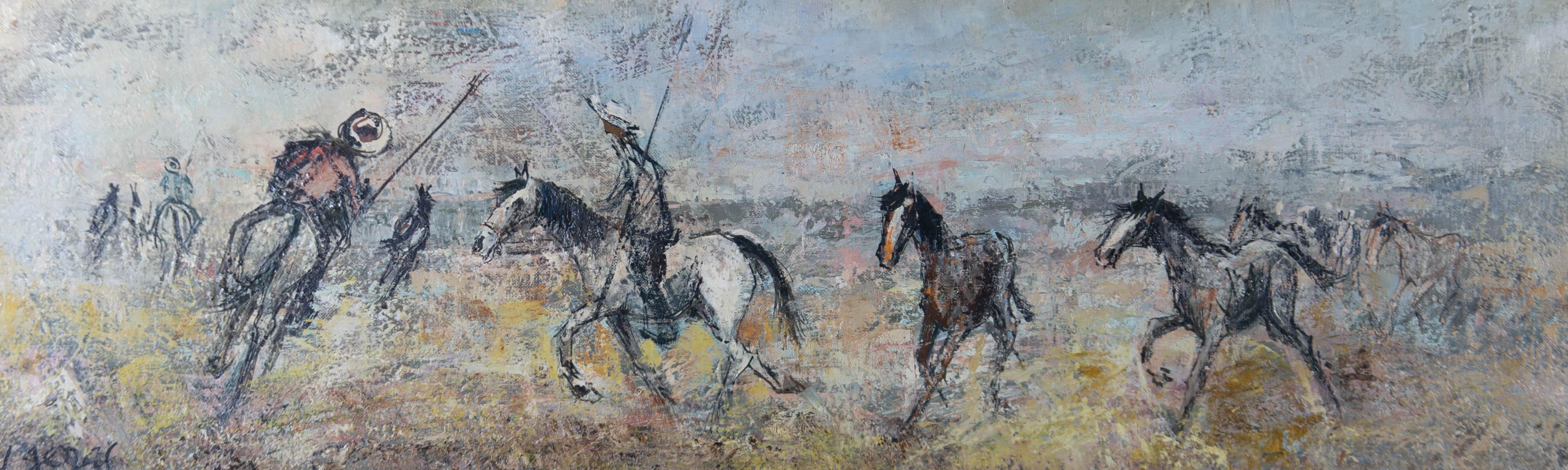 A dynamic, impasto contemporary oil showing a group of cowboys rounding up a group of wild horses. The artist has signed to the lower left corner and the painting has been presented in a contemporary box frame with linen slip and gilt inner window.