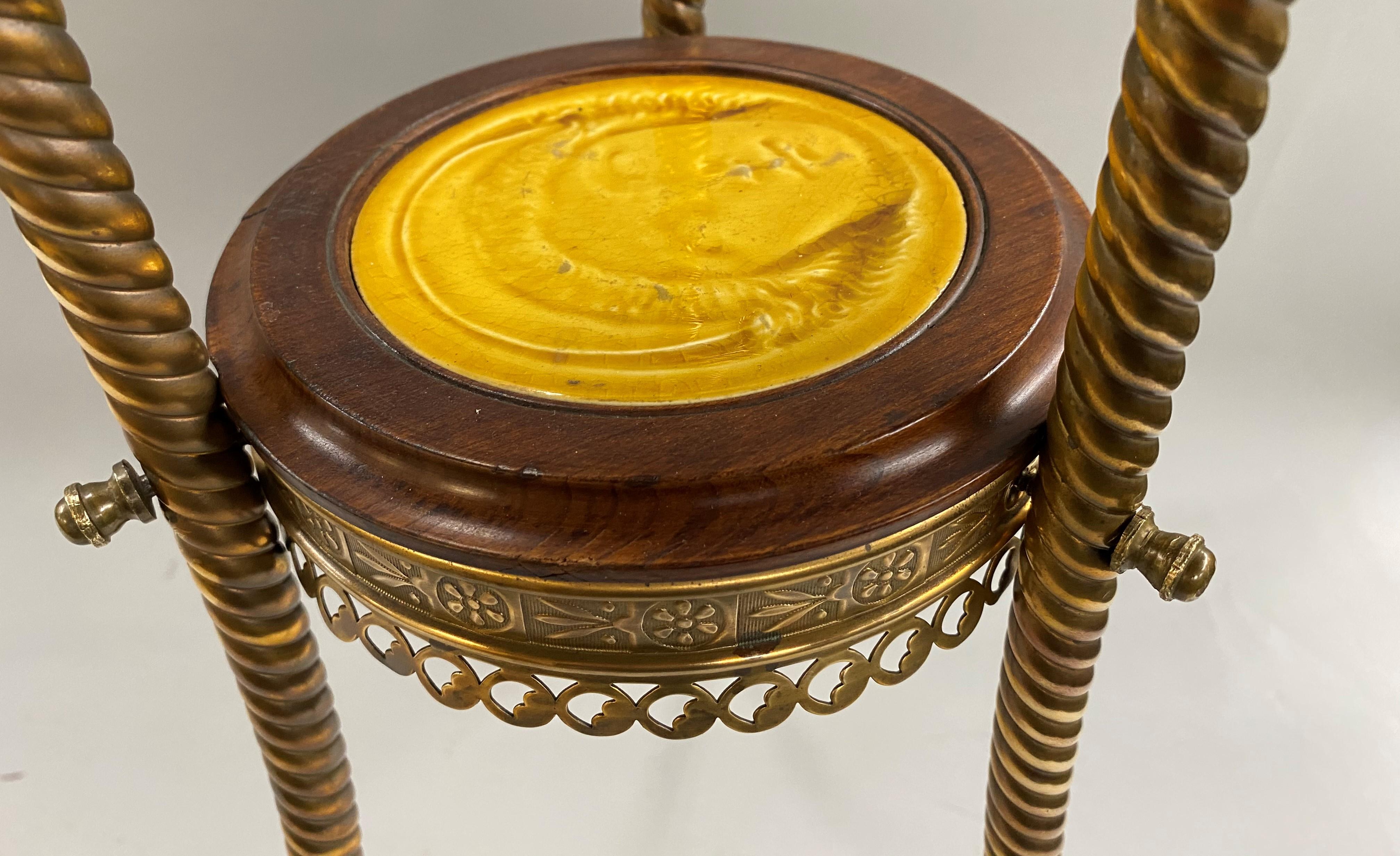 Hand-Carved J. & J.G. Low Chelsea Tile Wooden and Brass Pedestal or Tripod Stand, circa 1884