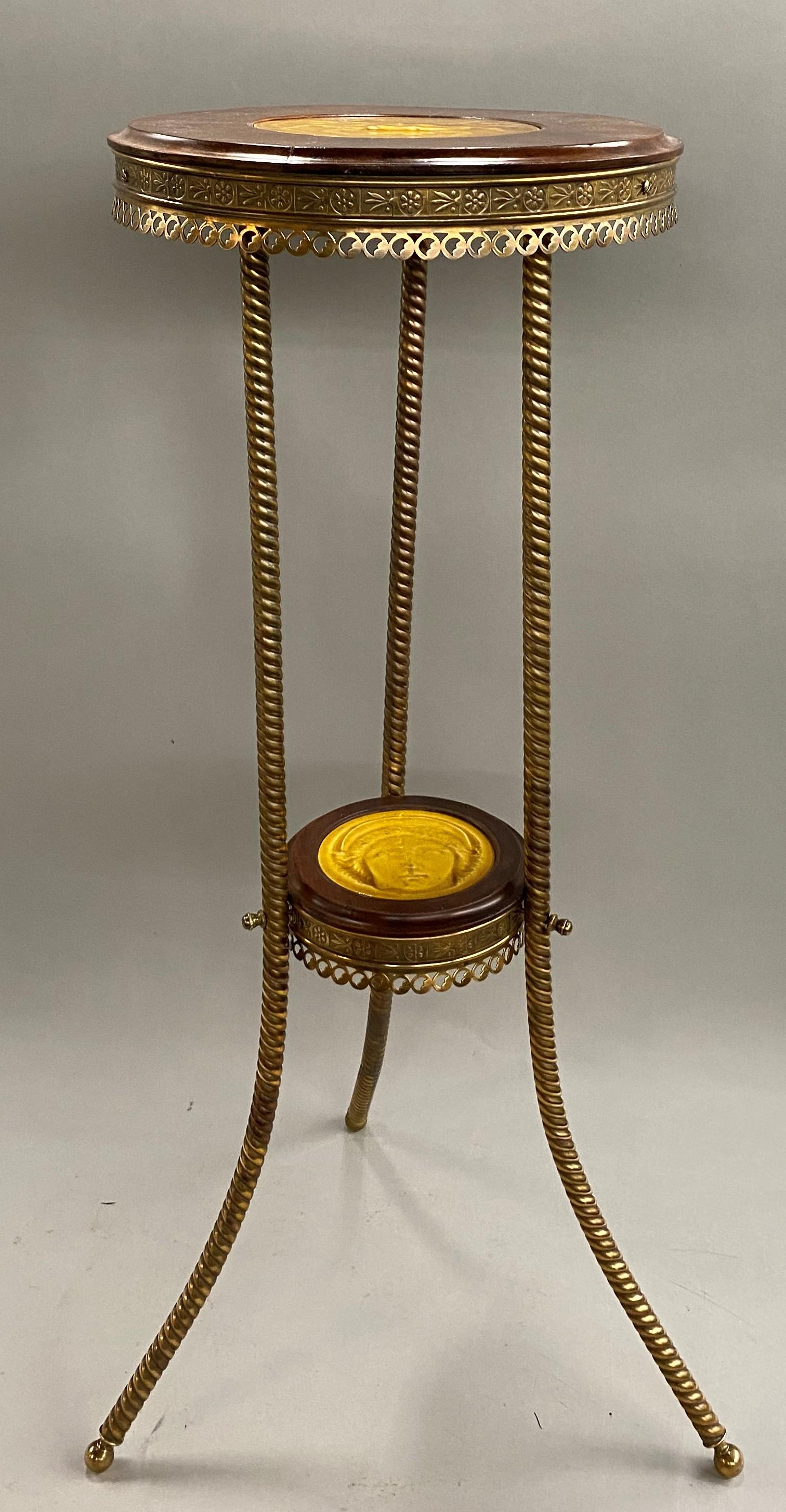 J. & J.G. Low Chelsea Tile Wooden and Brass Pedestal or Tripod Stand, circa 1884 In Good Condition In Milford, NH