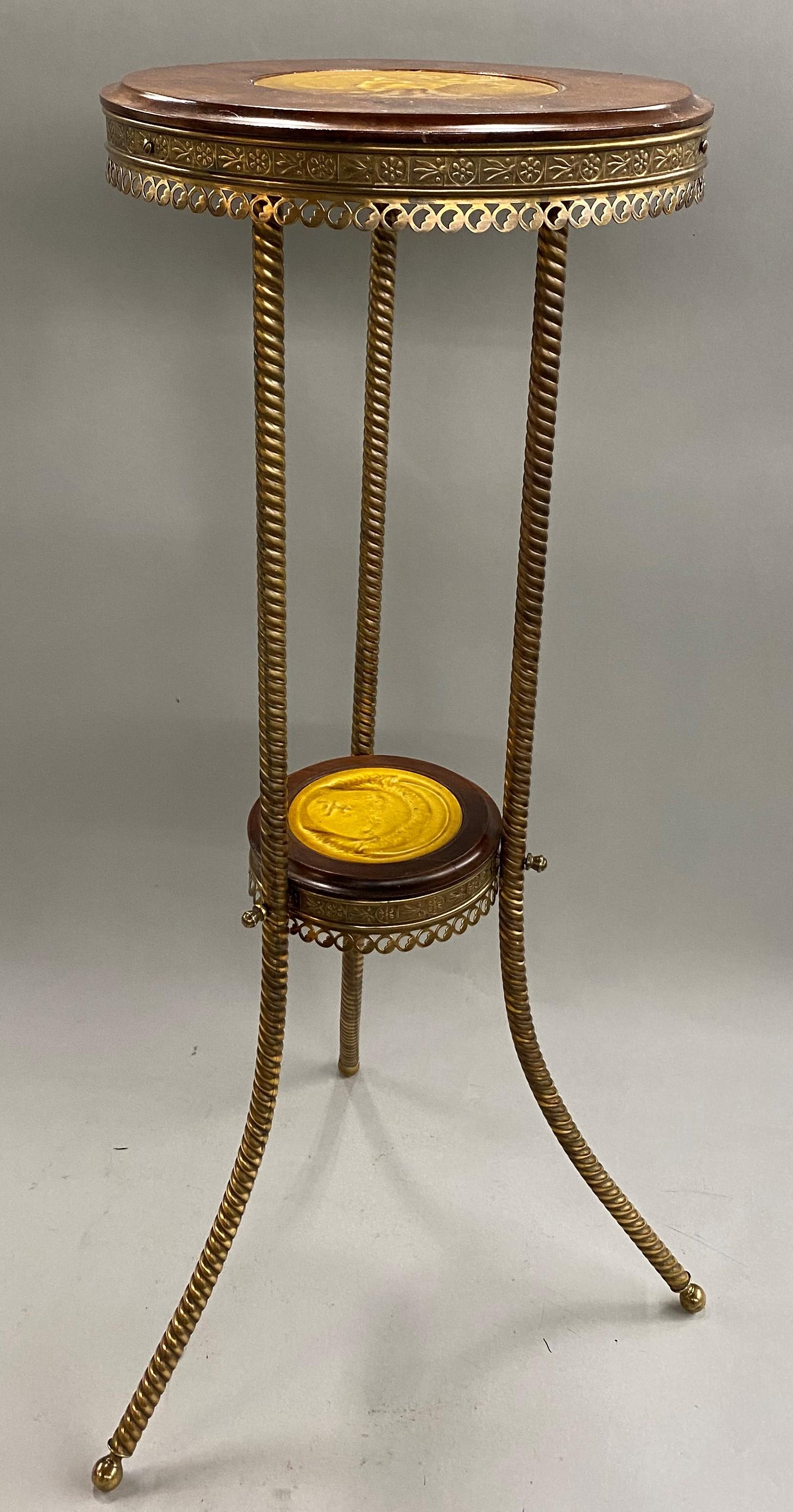 19th Century J. & J.G. Low Chelsea Tile Wooden and Brass Pedestal or Tripod Stand, circa 1884