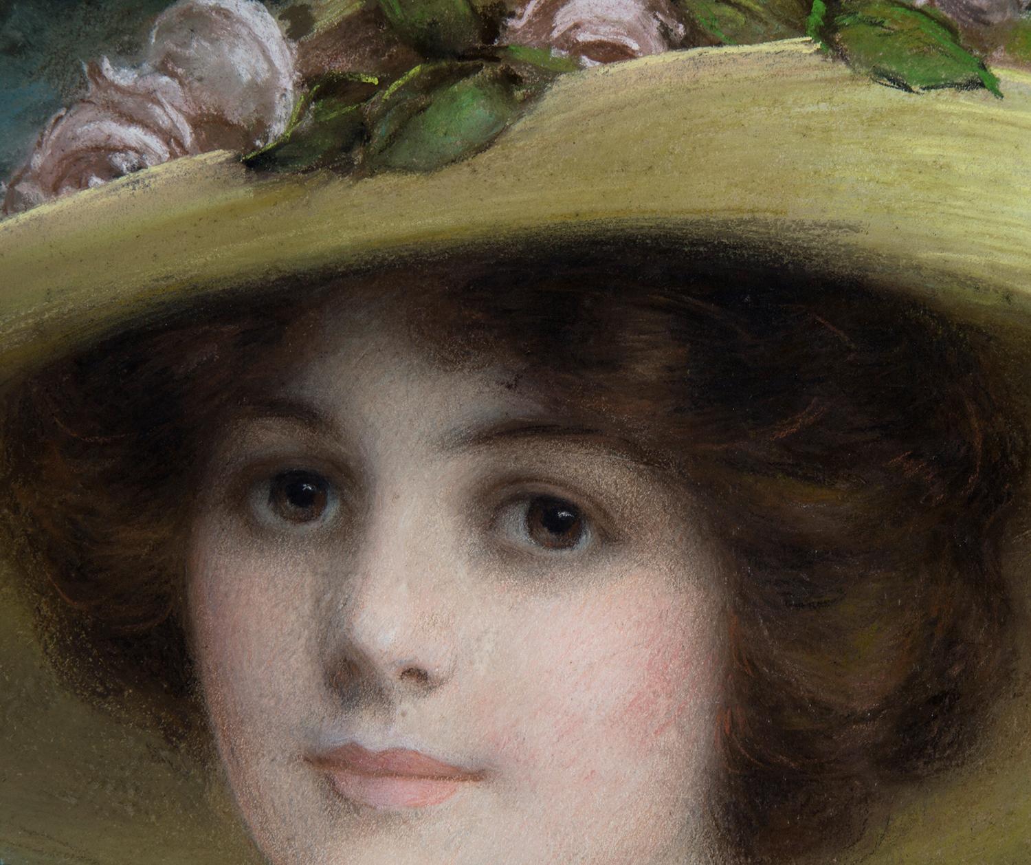 Dies ist eine große Pastellillustration von John Knowles Hare aus den frühen 1900er Jahren, die für den Kalendermarkt in der Edwardianischen Ära geschaffen wurde. Auf diesem Porträt blickt ein sittsames Mädchen mit braunen Augen unter einer