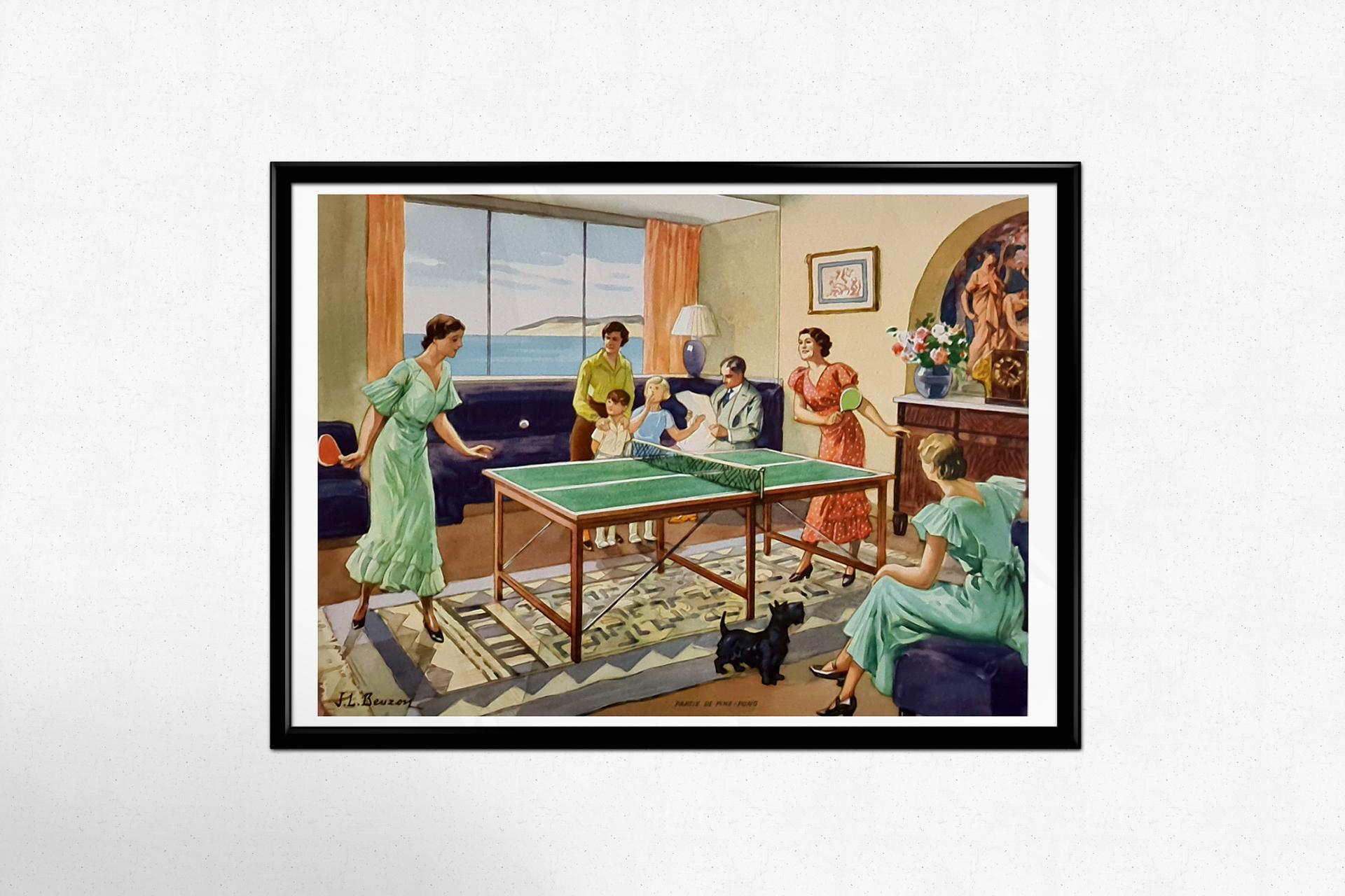 An attractive poster by J.L Beuzon, showing a game of ping-pong in the mid-1930s. The ladies are elegantly dressed for a game of table tennis.

Table tennis is thought to have originated in England at the end of the 19th century.

The most common