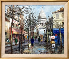"Place Du Tertre" Pintura al óleo postimpresionista con figuras y restaurantes