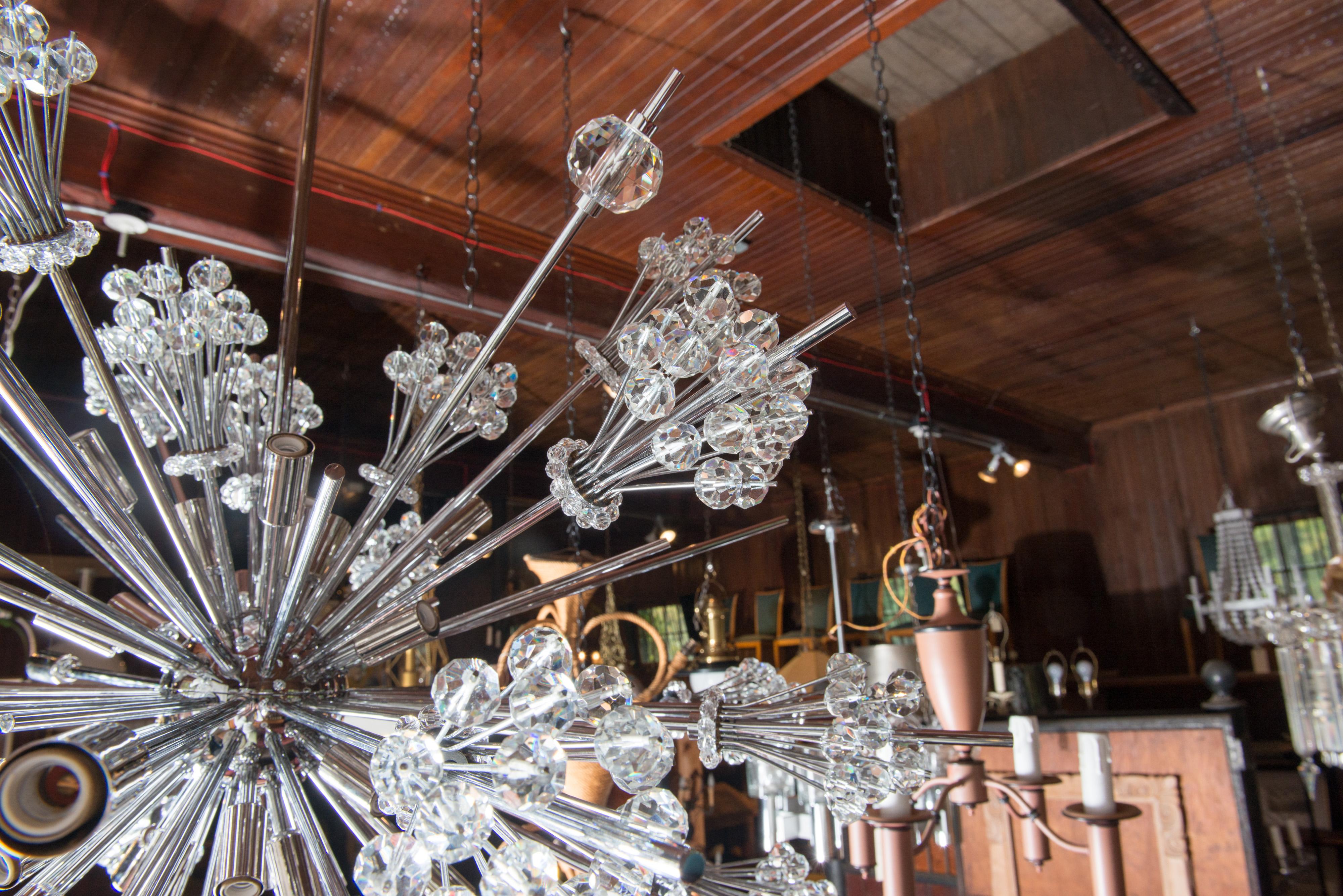 Mid-20th Century J. & L. Lobmeyr Starburst Chrome, Crystal Chandelier, by Hans Harald Rath For Sale