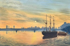 River Thames London Sunset over City Skyline 
Bridges Signed English Oil