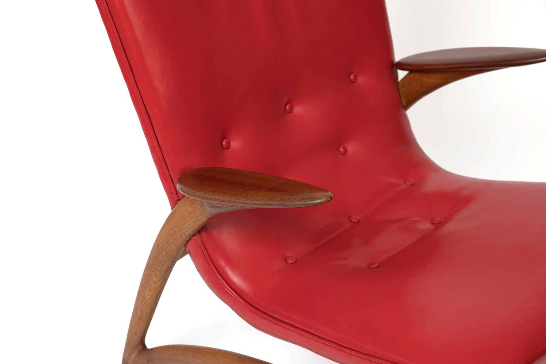 Danish J L Moller Red Leather and Teak Lounge Chair