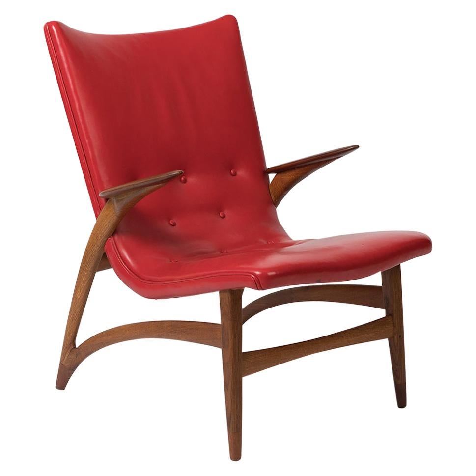 J L Moller Red Leather and Teak Lounge Chair