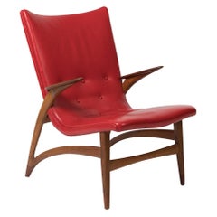 J L Moller Red Leather and Teak Lounge Chair