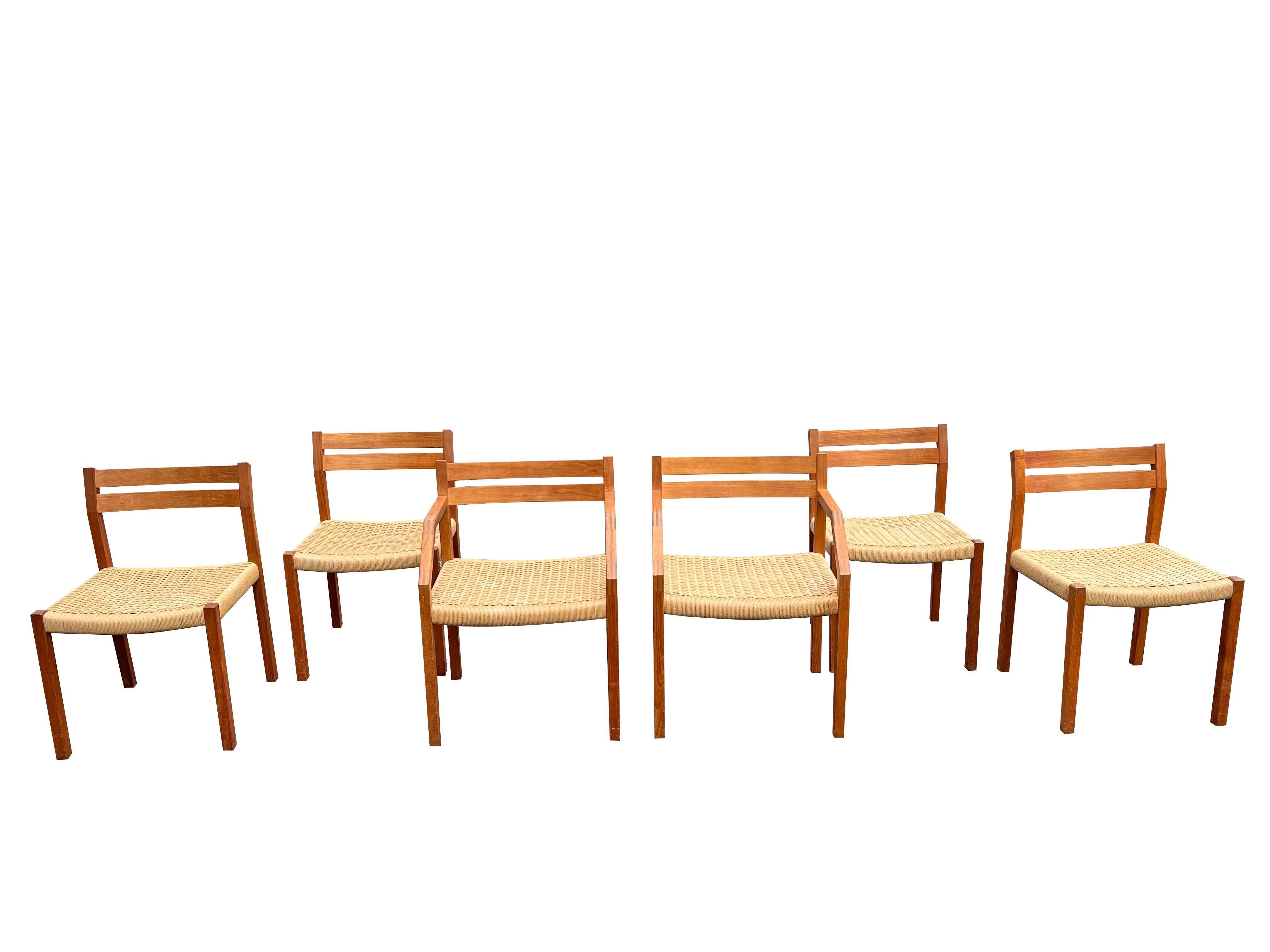 Danese J. J.L.A. Moller Sedie da pranzo danesi in teak modello 404 con seduta in corde di giunco - set di 6 in vendita