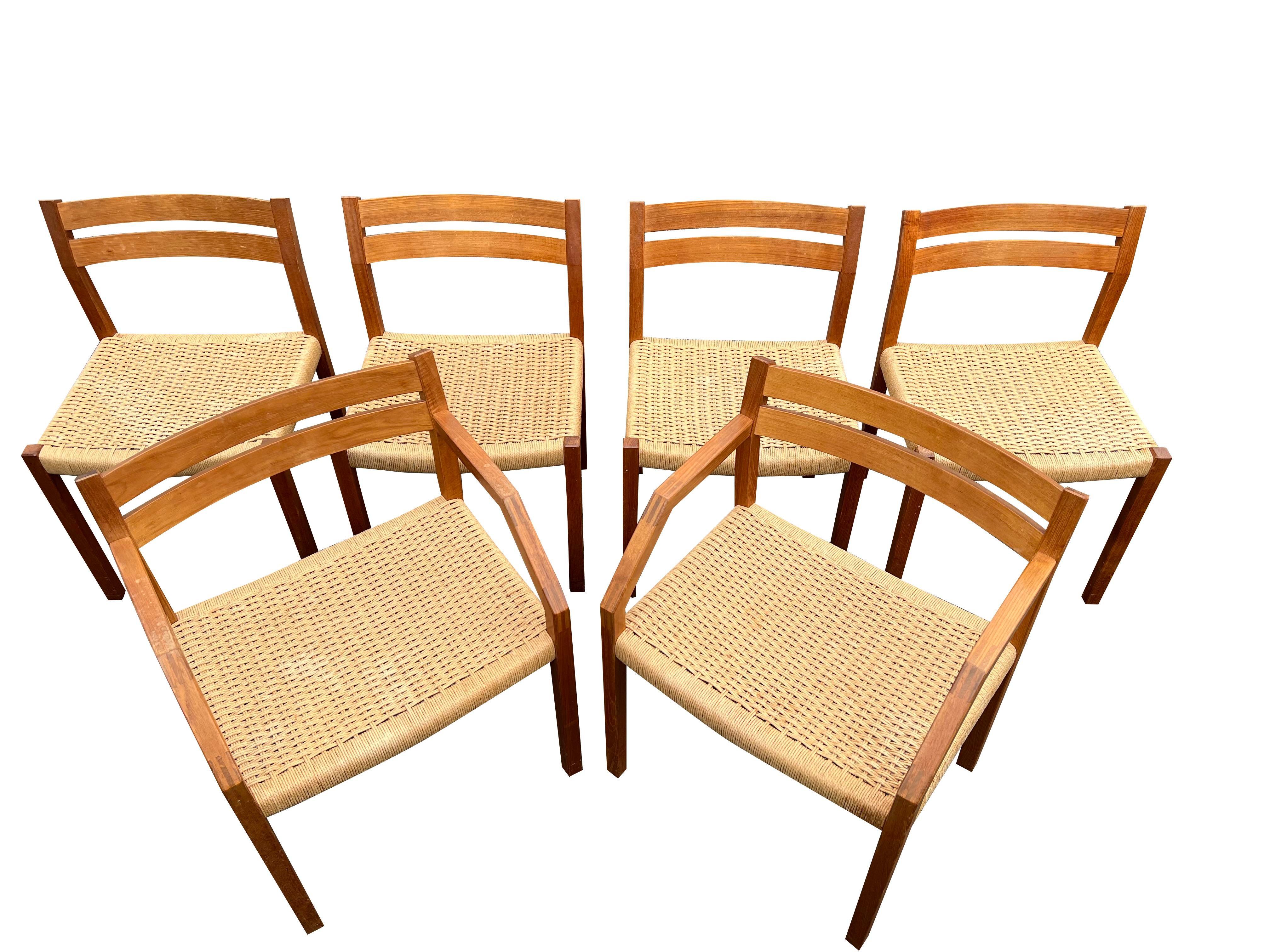 J. J.L.A. Moller Sedie da pranzo danesi in teak modello 404 con seduta in corde di giunco - set di 6 In condizioni buone in vendita a Saddle River, NJ