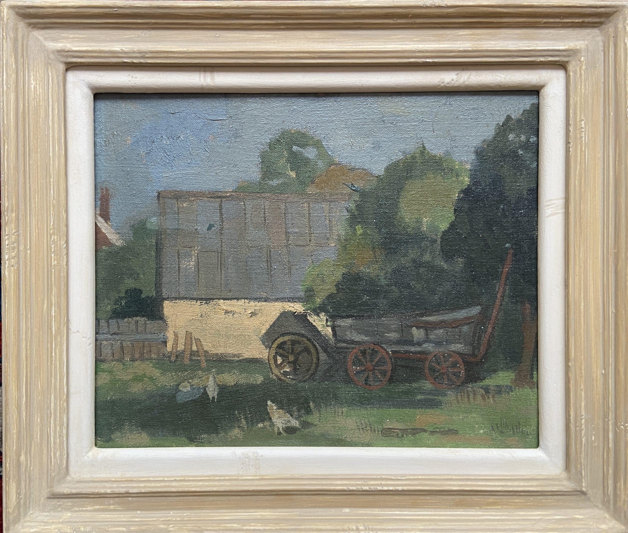 Oil on canvas on board
Image size: 7 1/2 x 5 1/2 inches (19 x 14 cm)
Hand made contemporary style frame

This small-scale artwork depicts a working farmstead, in New Zealand. It is a textural work with lots of movement and life. Under blue skies
