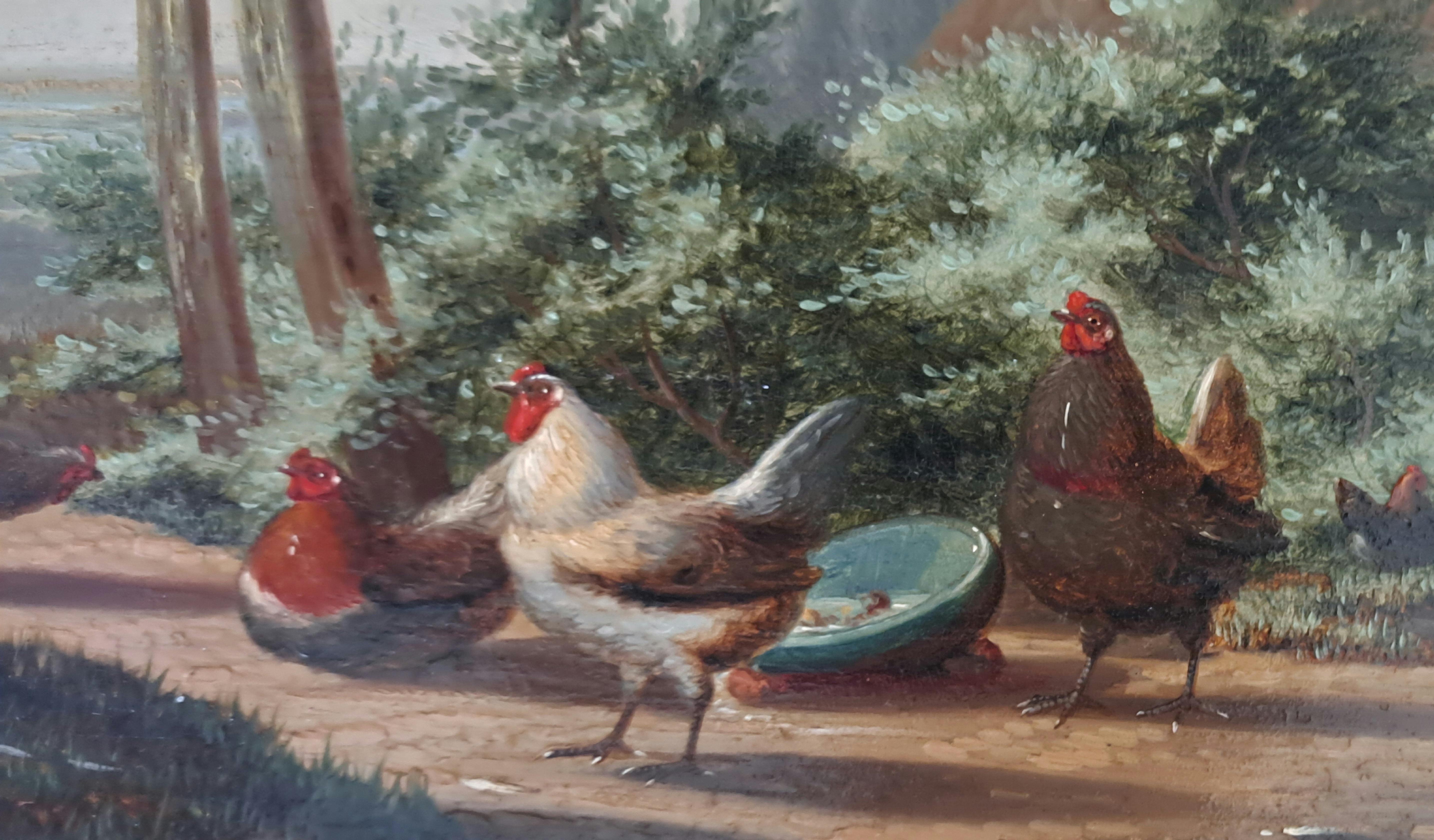 Paesaggio del XIX secolo dipinto a olio COCKEREL AND HENS di J L VAN LEEMPUTTEN in vendita 1