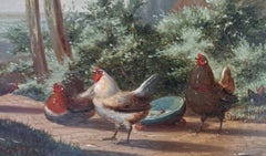 19th century landscape oil painting COCKEREL AND HENS by J L VAN LEEMPUTTEN