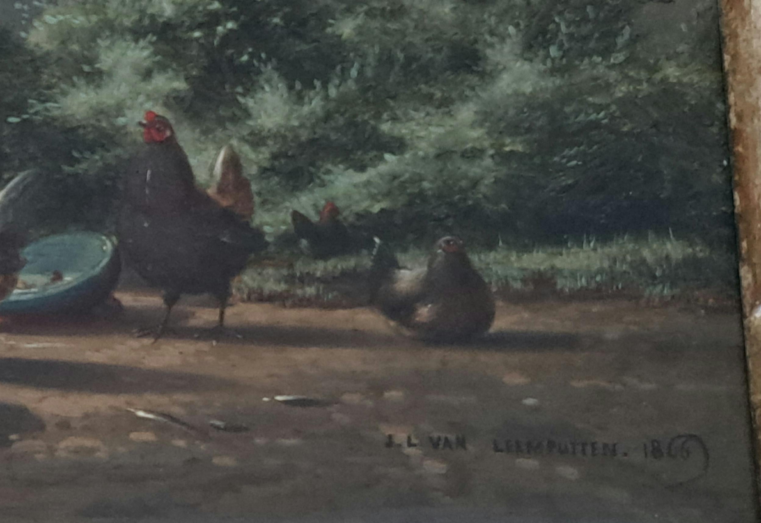 Paesaggio del XIX secolo dipinto a olio COCKEREL AND HENS di J L VAN LEEMPUTTEN in vendita 2