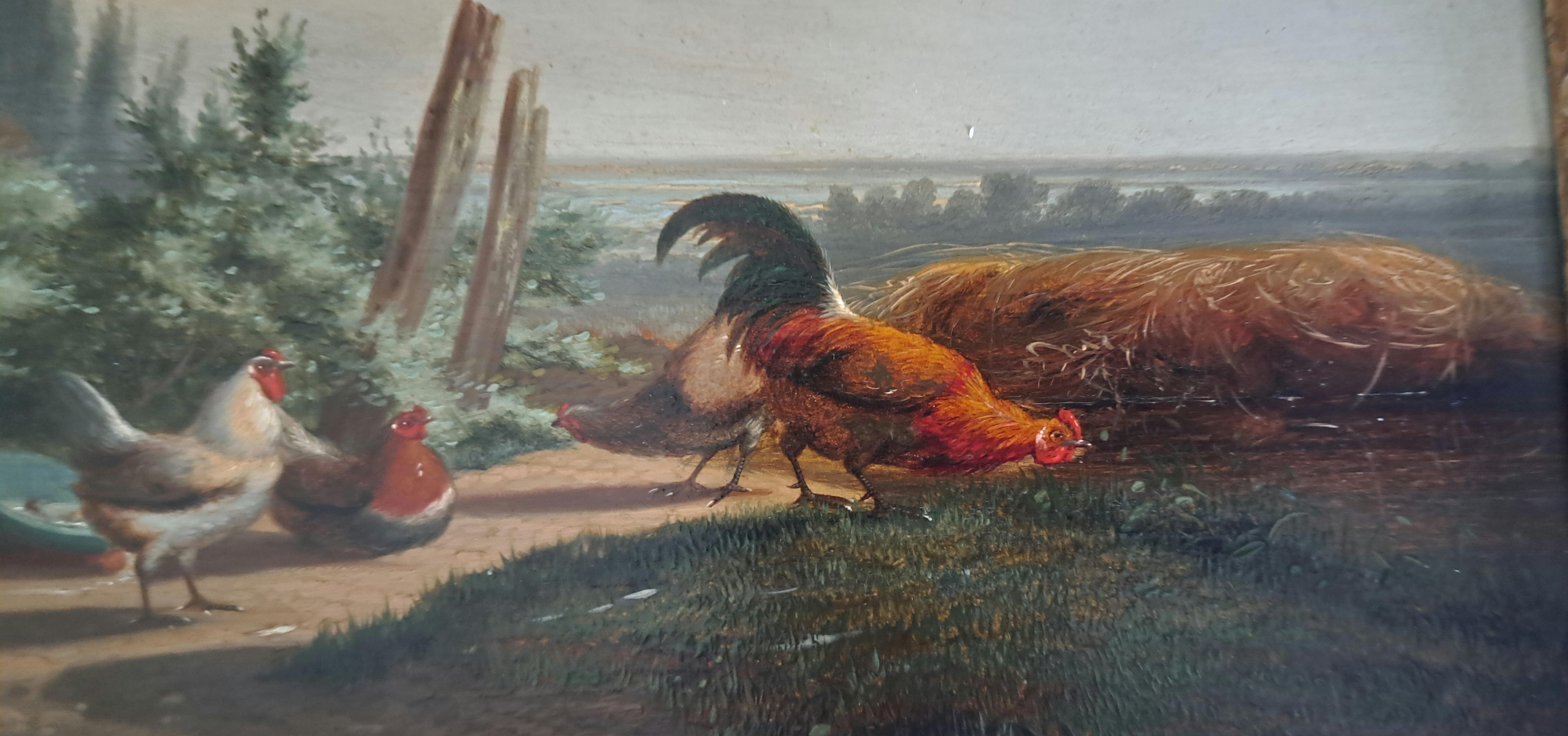Paesaggio del XIX secolo dipinto a olio COCKEREL AND HENS di J L VAN LEEMPUTTEN in vendita 3