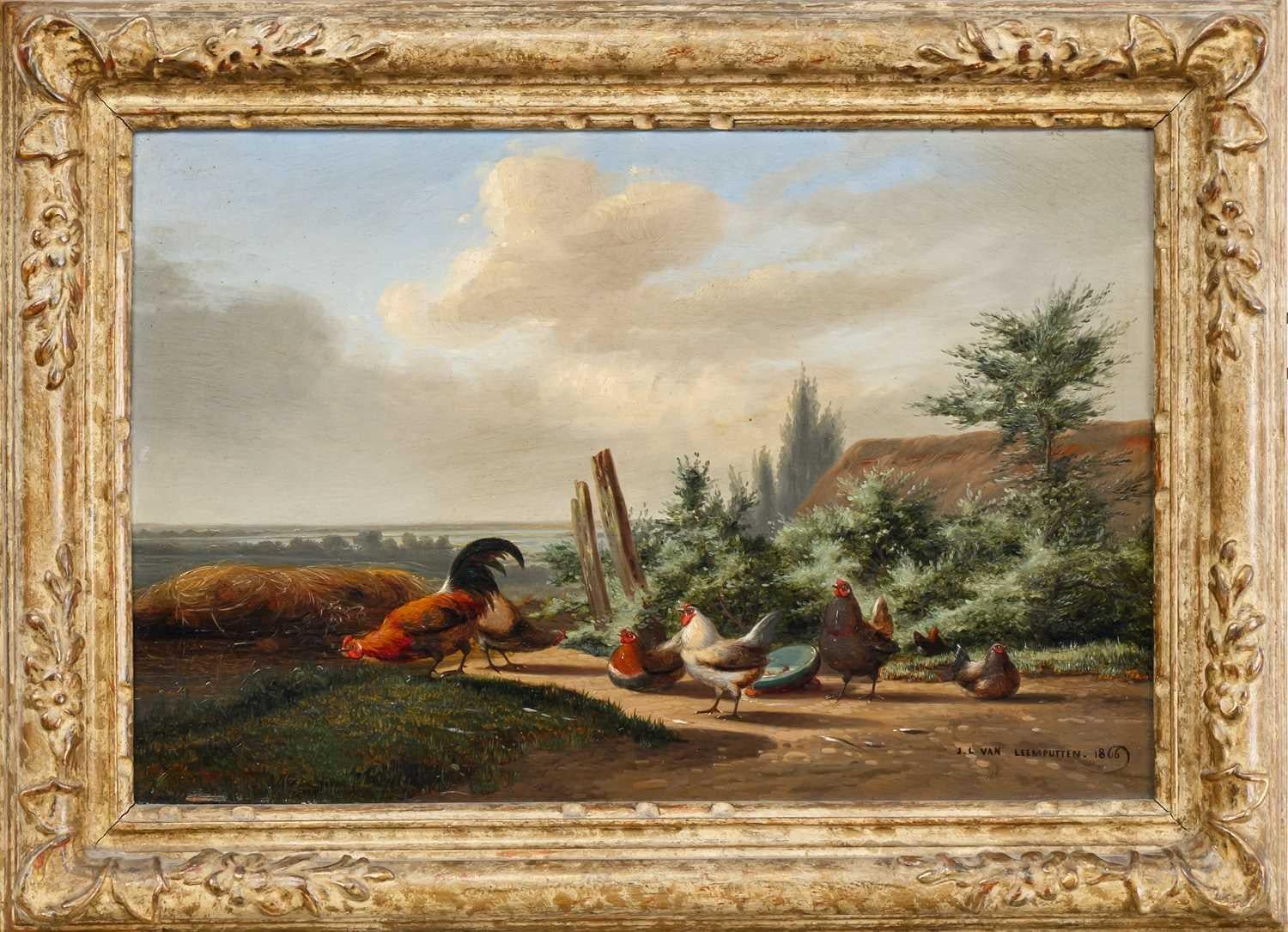 Paesaggio del XIX secolo dipinto a olio COCKEREL AND HENS di J L VAN LEEMPUTTEN
Un piccolo dipinto a olio su tavola, squisitamente realizzato da Jef Louis van Leemputten (Belgio, 1840-1910), che raffigura uno sguardo nostalgico sulla campagna belga