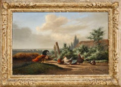 Antique 19th century landscape oil painting COCKEREL AND HENS by J L VAN LEEMPUTTEN