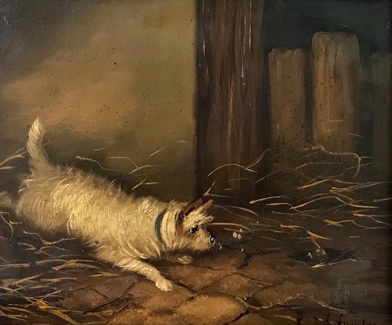 J. Langlois Fine British Victorian Dog Oil Painting Terrier in Barn