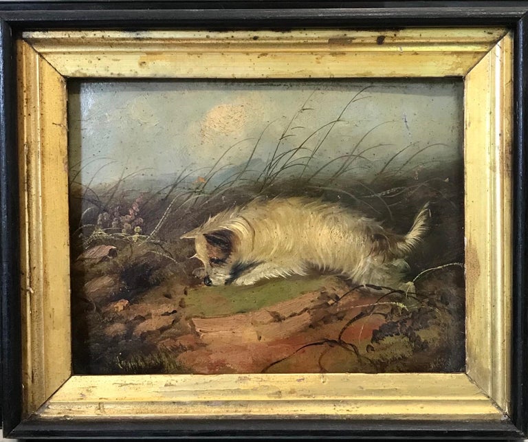 Fine Victorian Dog Oil Painting - Terrier in Landscape by Rabbit Hole - Brown Animal Painting by J. Langlois