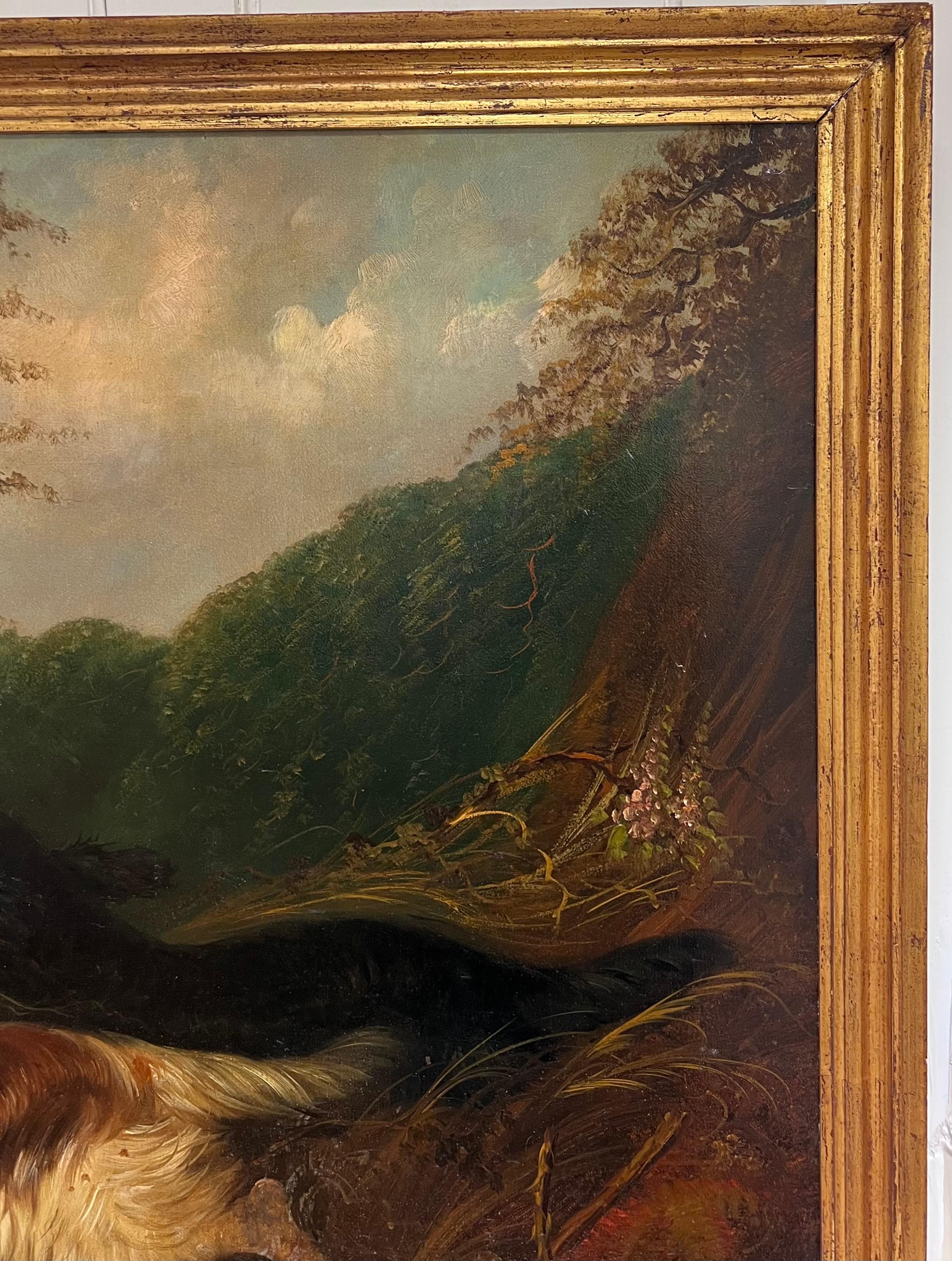 Huge Victorian Sporting Art Oil Painting Spaniels Chasing Pheasant in Woodland For Sale 7