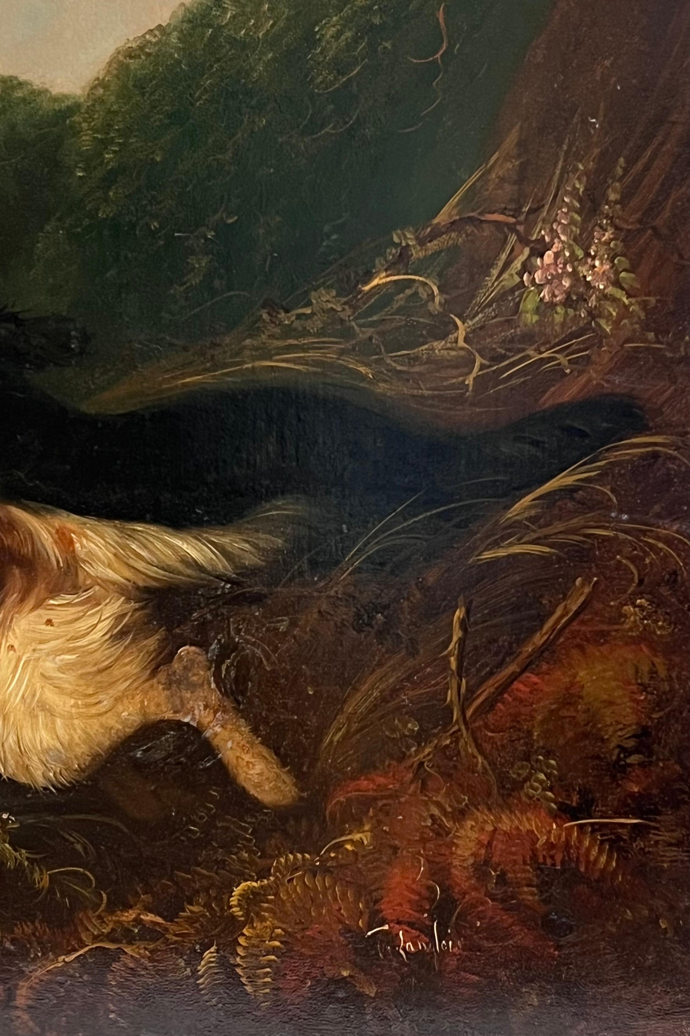 Huge Victorian Sporting Art Oil Painting Spaniels Chasing Pheasant in Woodland For Sale 8